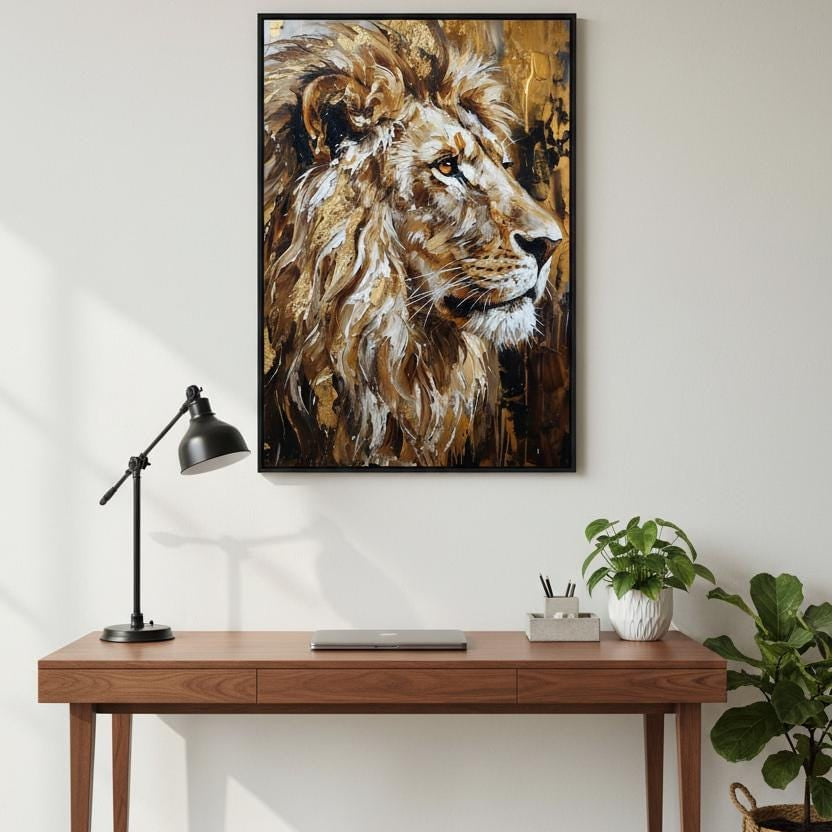 a wooden desk with a laptop, a lamp, and a framed painting of a lion's head on the wall above it.