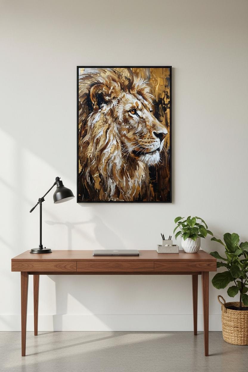 a wooden desk with a laptop, a lamp, and a framed painting of a lion's head on the wall above it.