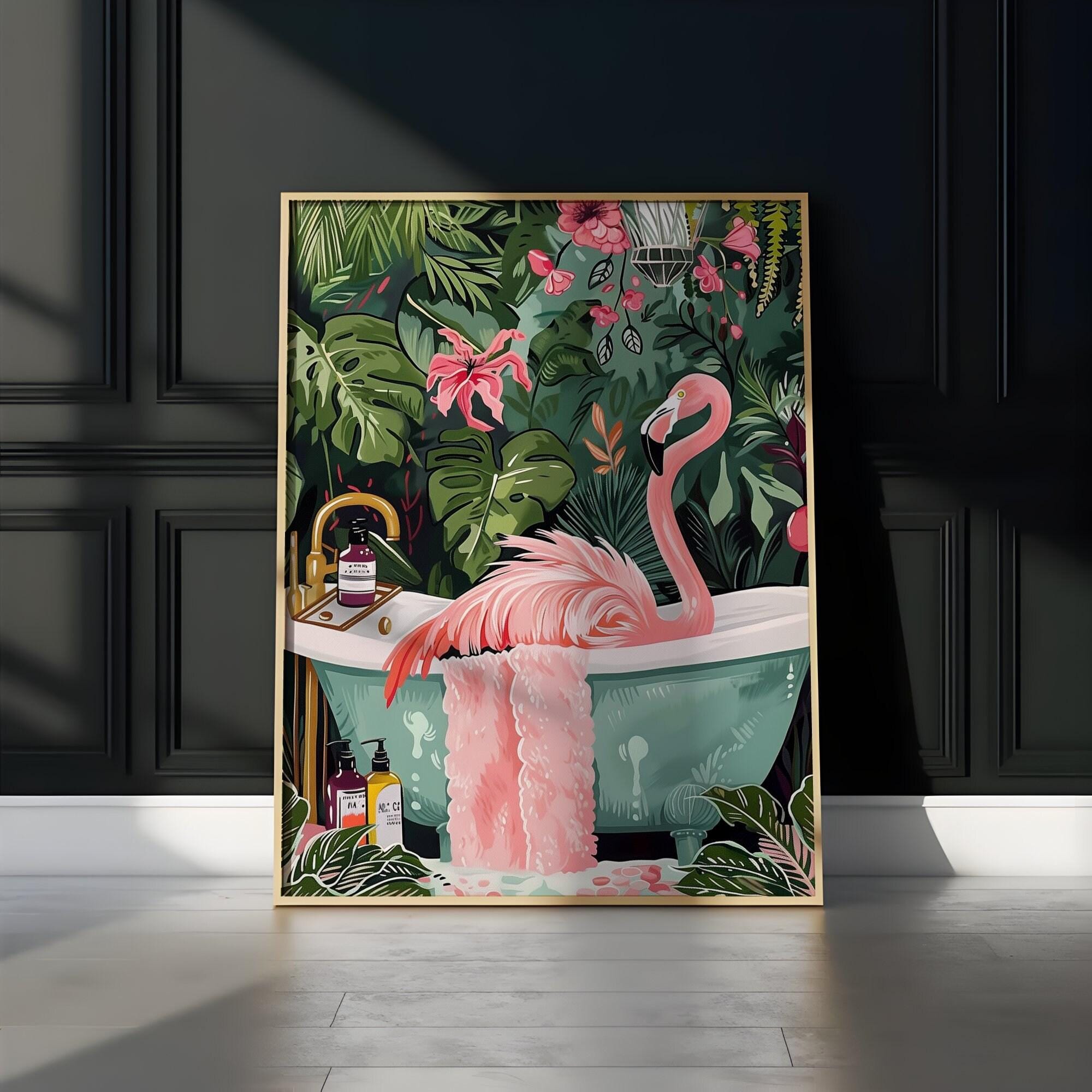 The Jungle Oasis: Whimsical Flamingo in Bathtub Art | Playful & Eclectic Bathroom Decor