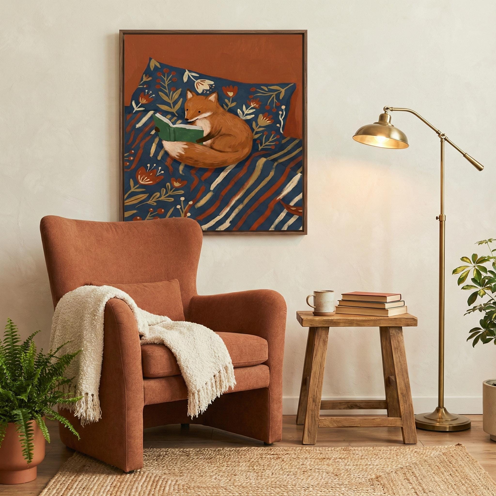 Fox Reading Illustration: Woodland Animal Art (Canvas or Print)