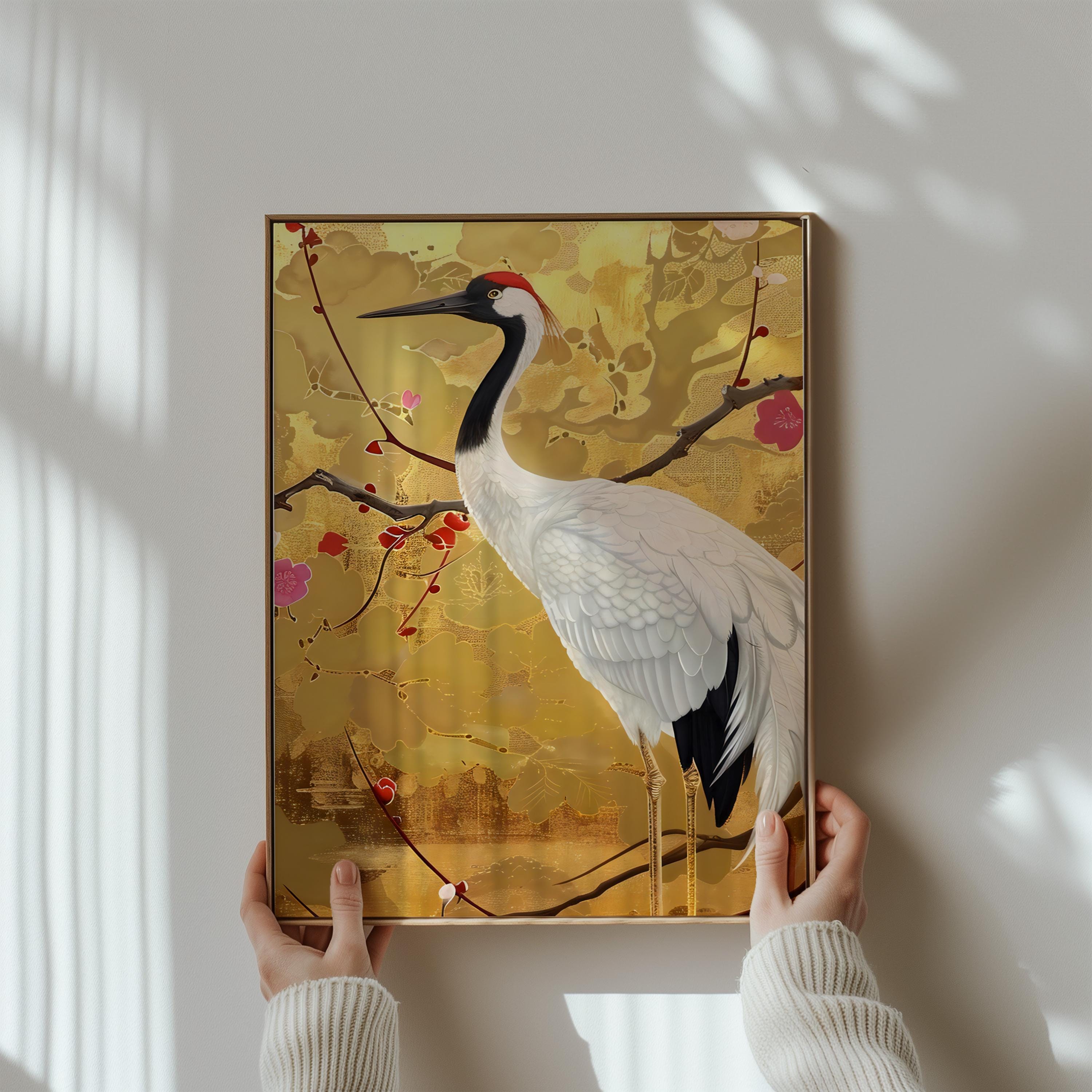 Graceful Crane Wall Art: Vibrant Floral Canvas with QR Code