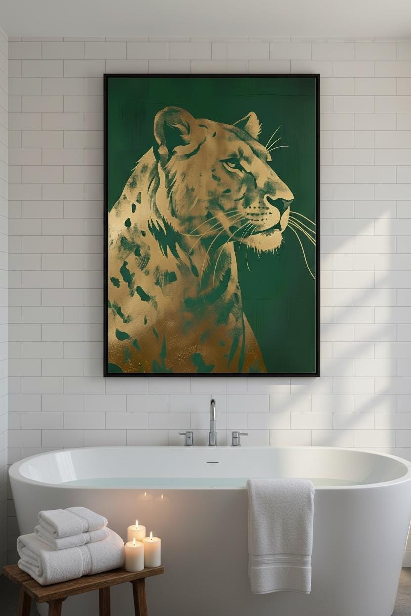 Art Deco Lion Print - Gold Foil Wildlife Wall Art | Regal Green Decor