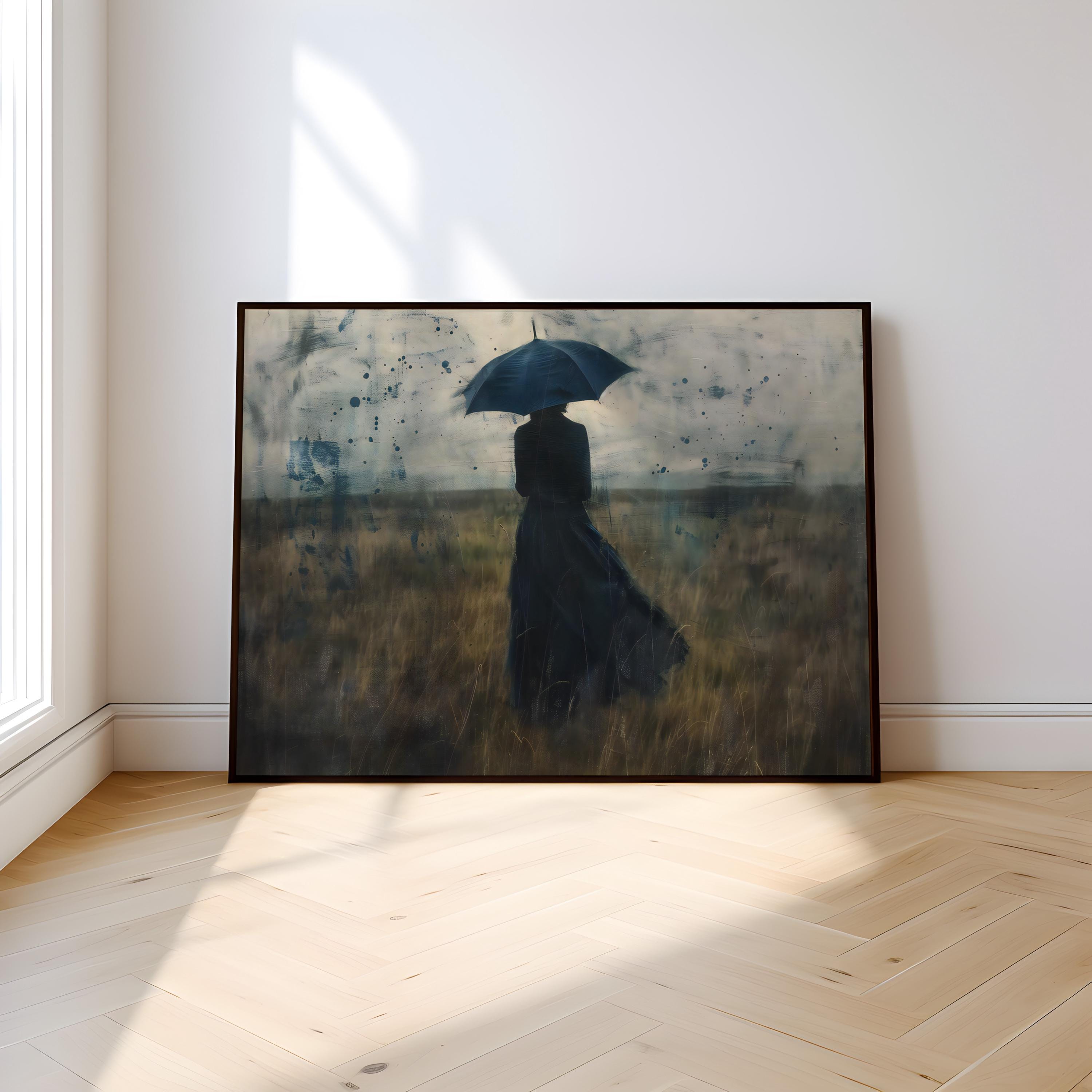 Melancholy Rain: Atmospheric Woman with Umbrella Canvas Art | Contemplative & Moody Wall Decor