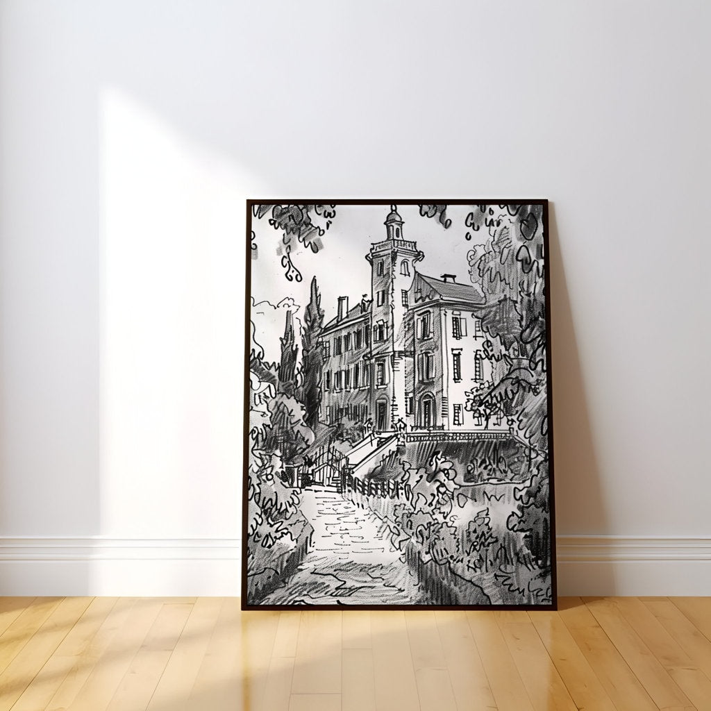 Timeless Elegance: Stately Manor House Ink Drawing | Classic Architectural Wall Art