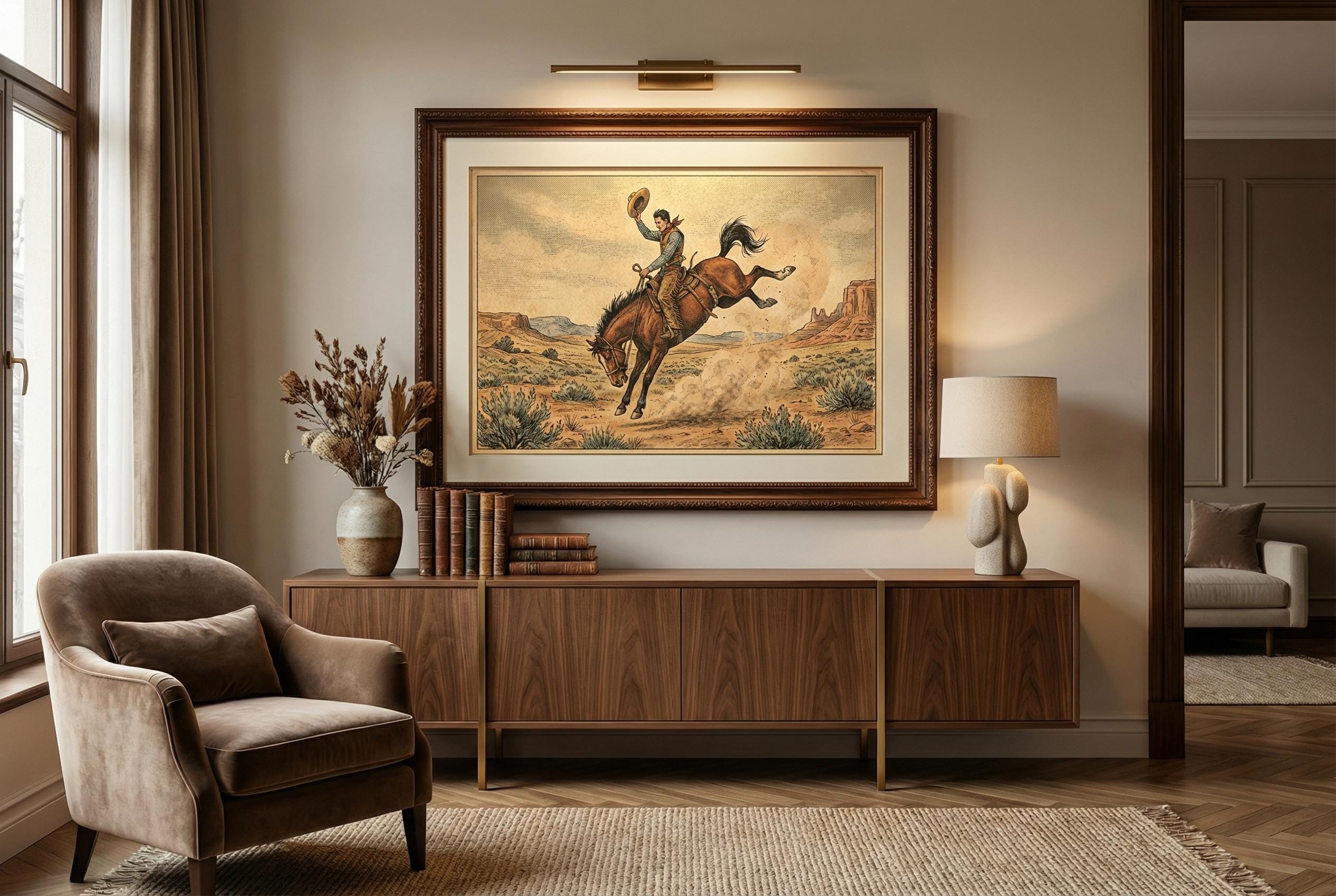 Cowboy on Horse Art Print, Rustic Western Decor (Canvas or Paper)