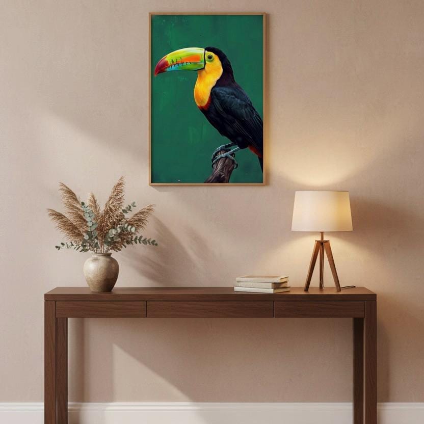 Toco Toucan Wall Art | Tropical Emerald Green Animal Print | Vibrant Jungle Canvas Decor | Framed Artwork for Home or Office