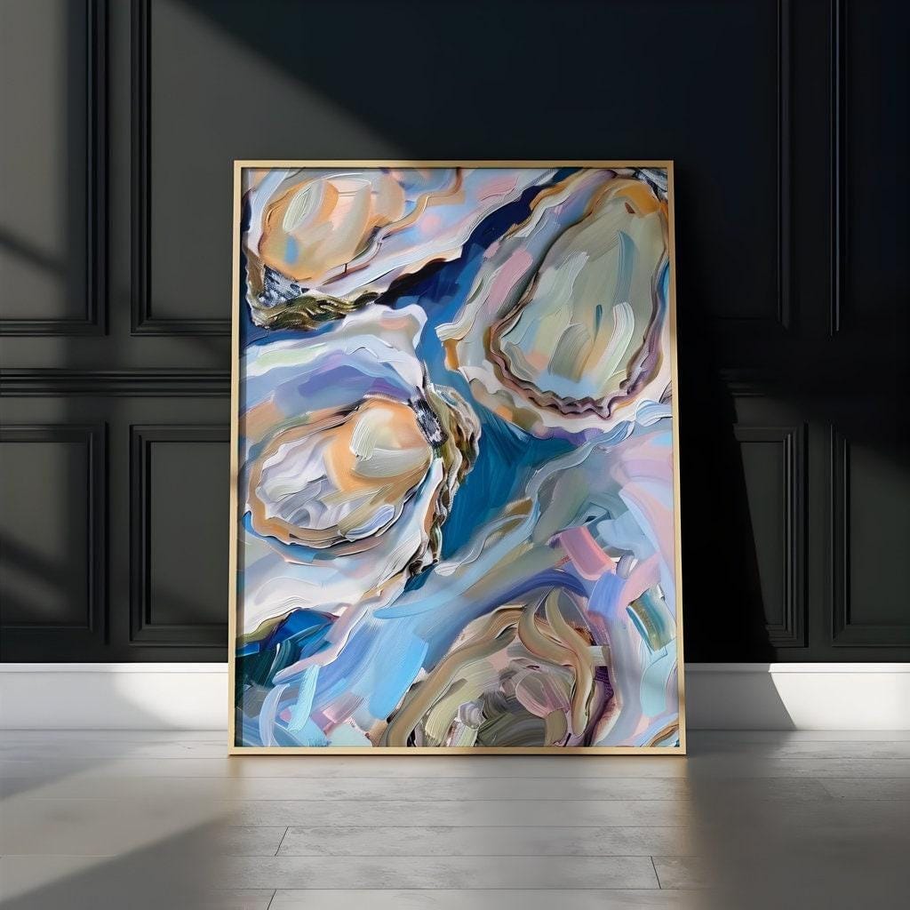 Oyster Delight Coastal Painting, Vibrant Blue (Canvas or Matte Print)