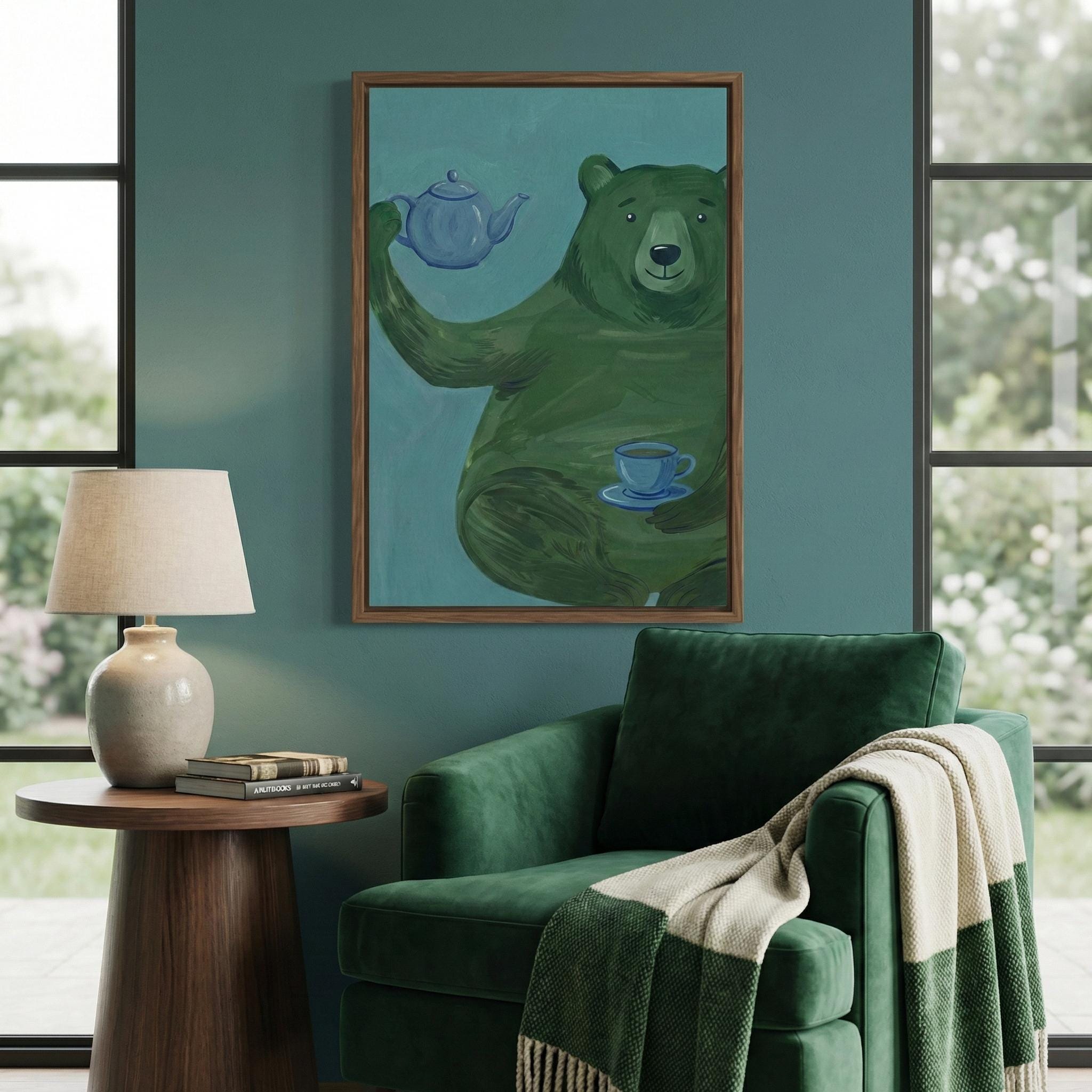 Whimsical Green Bear Wall Art - Playful Tea Party Illustration