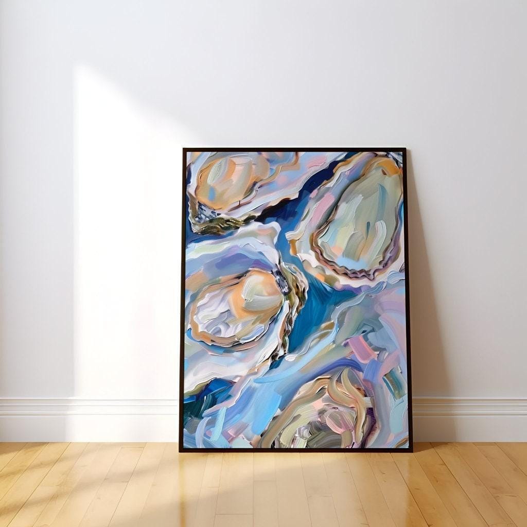 Oyster Delight Coastal Painting, Vibrant Blue (Canvas or Matte Print)