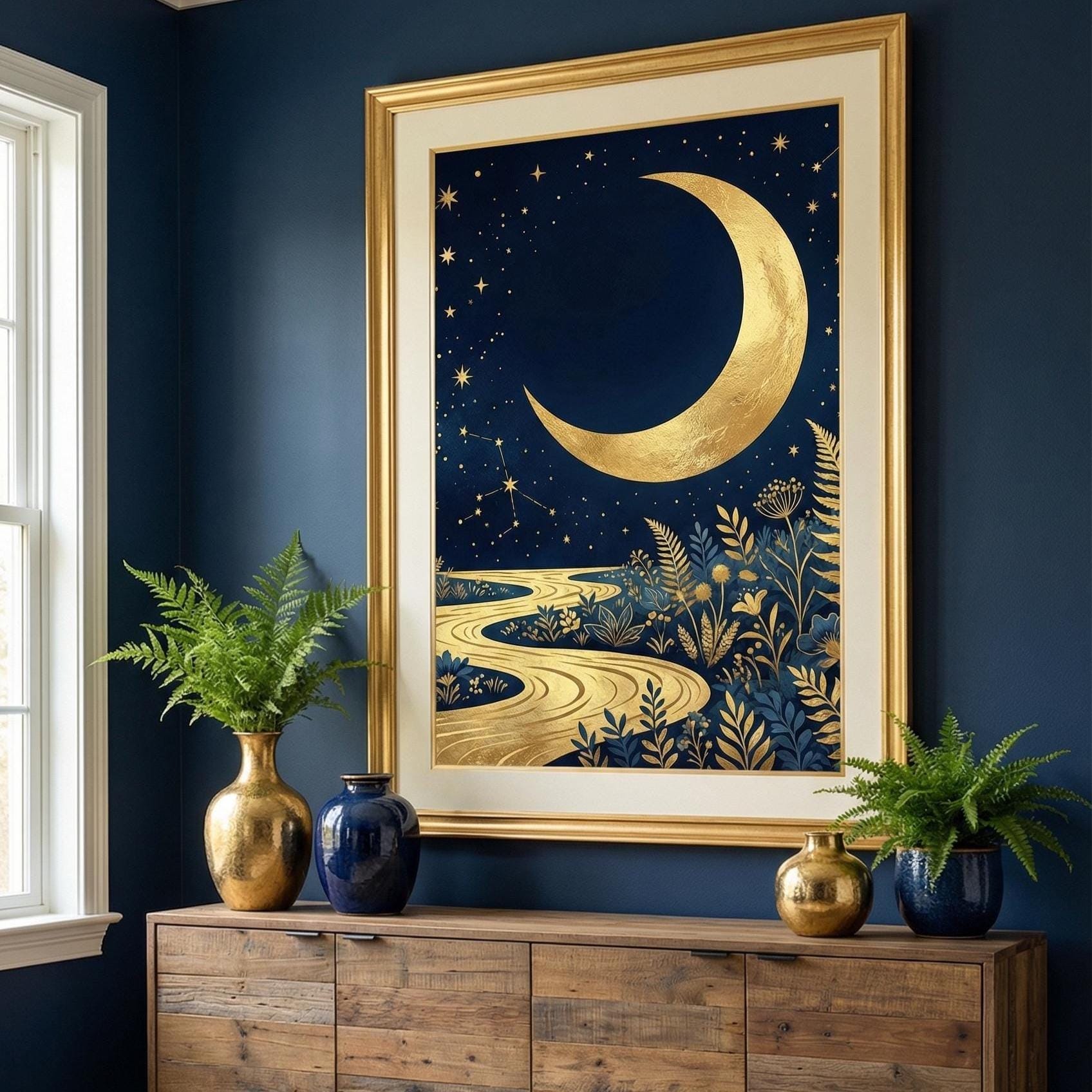 Wall Art Print: Golden Moon and Blue River - Abstract Design