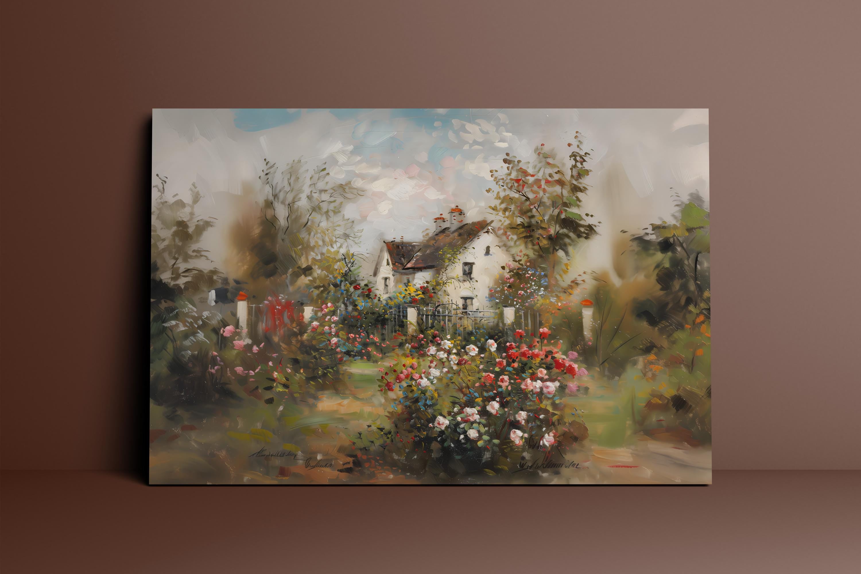Vintage Cottage Rose Garden Art Print | Nostalgic & Tranquil Floral Wall Decor