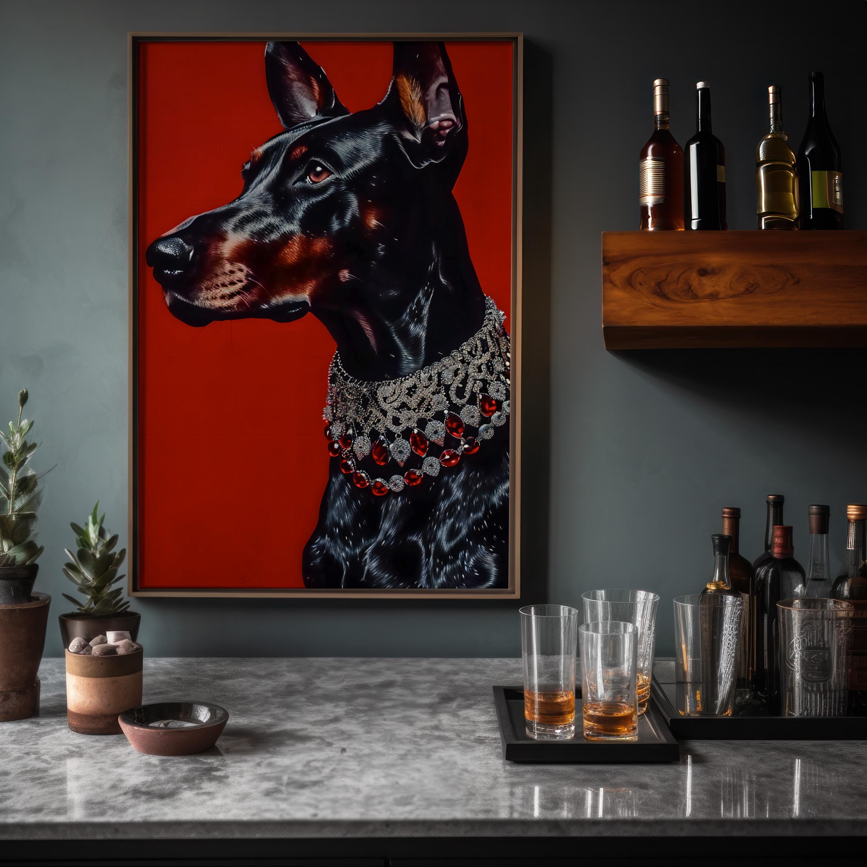 The Guardian: Black Doberman Pinscher Portrait with Red Gem Collar | Regal & Elegant Dog Art
