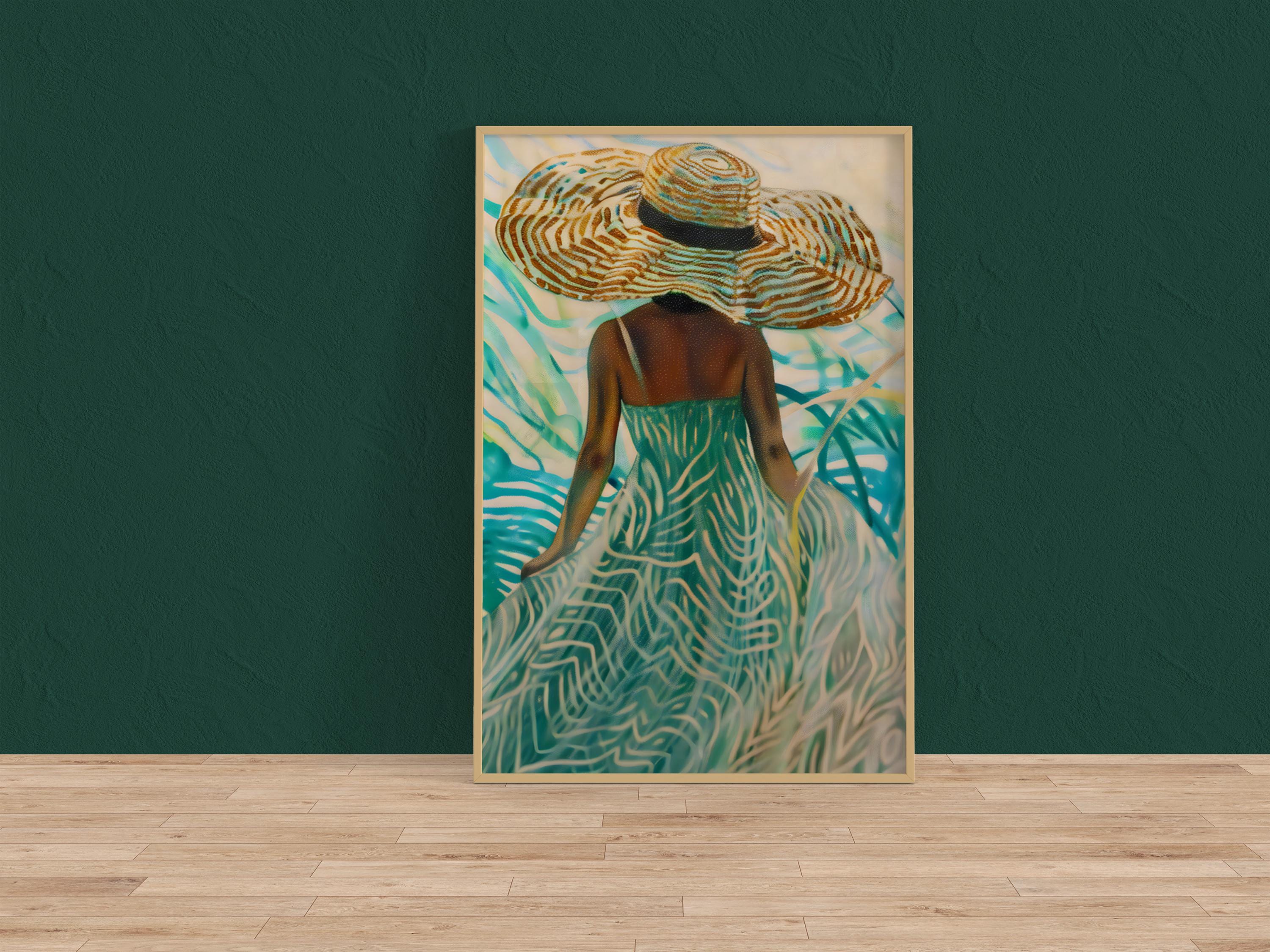 The Dreamer's Path: Surreal Woman in Hat in a Swirling Tropical Landscape | Vibrant & Abstract Wall Art