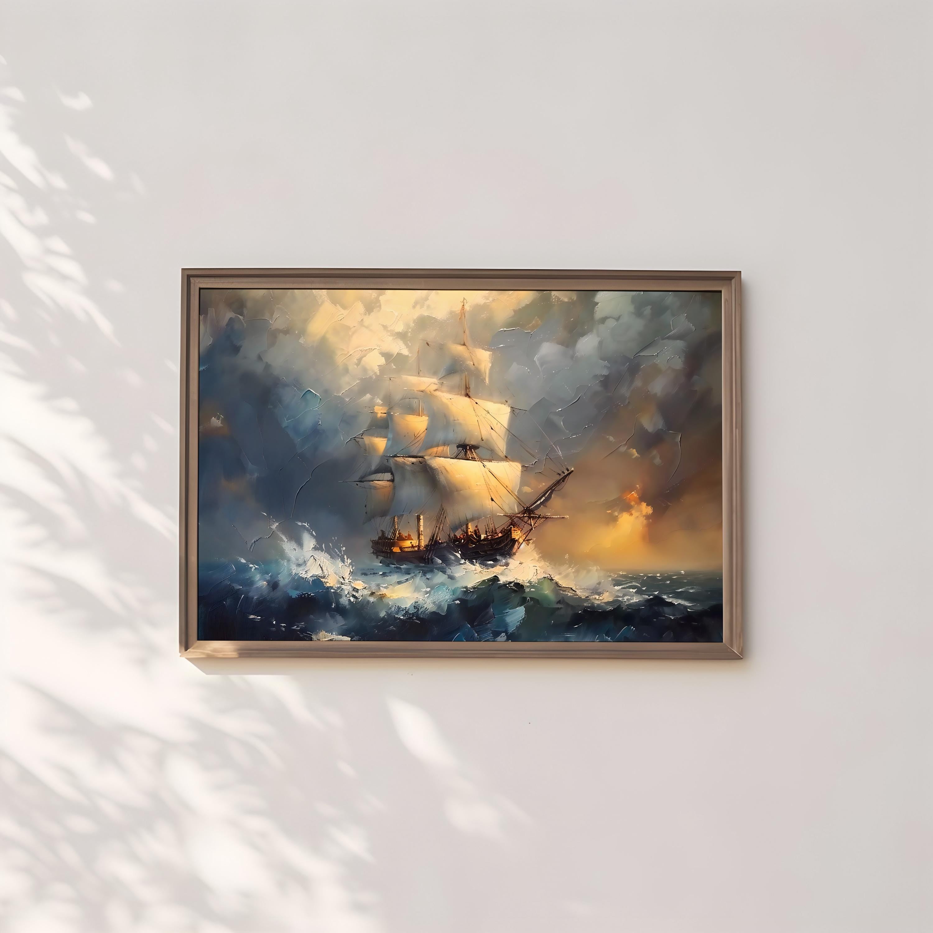 The Unconquered: Classical Stormy Sea Ship Painting | Dramatic Nautical Adventure Art