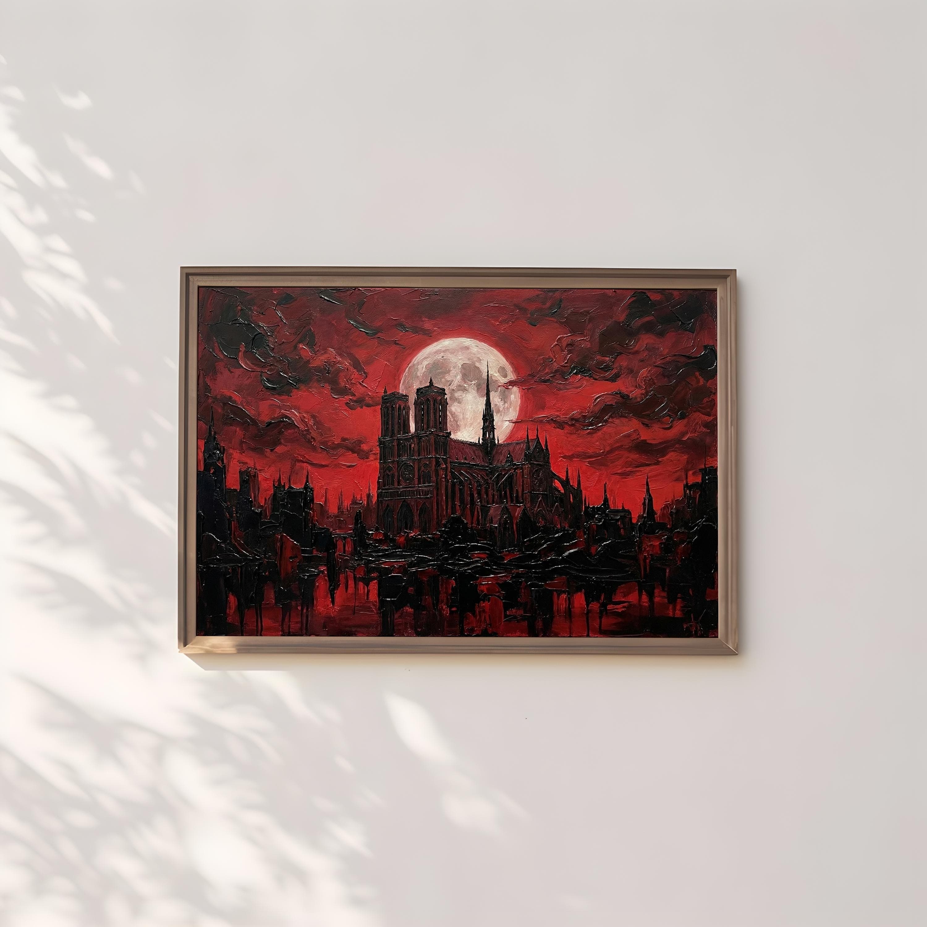 Gothic Cathedral Canvas Print, Blood Moon Cityscape (Dark Fantasy Decor)