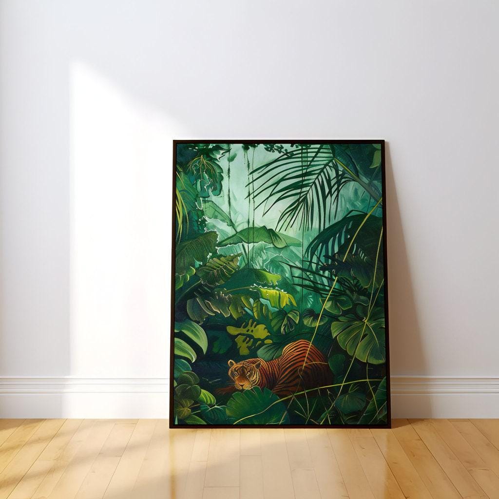 Jungle Serenity: Majestic Tiger Resting in Tropical Art | Green Wildlife Decor