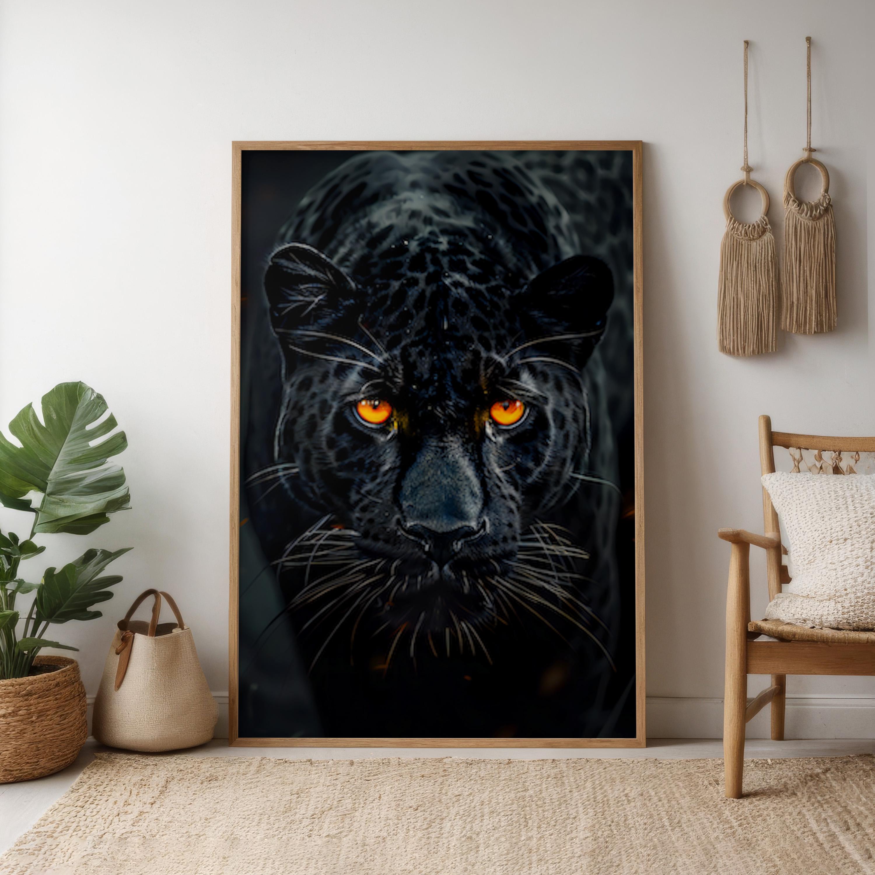 The Midnight Hunter: Black Panther with Orange Eyes Art | Moody & Powerful Wildlife Decor