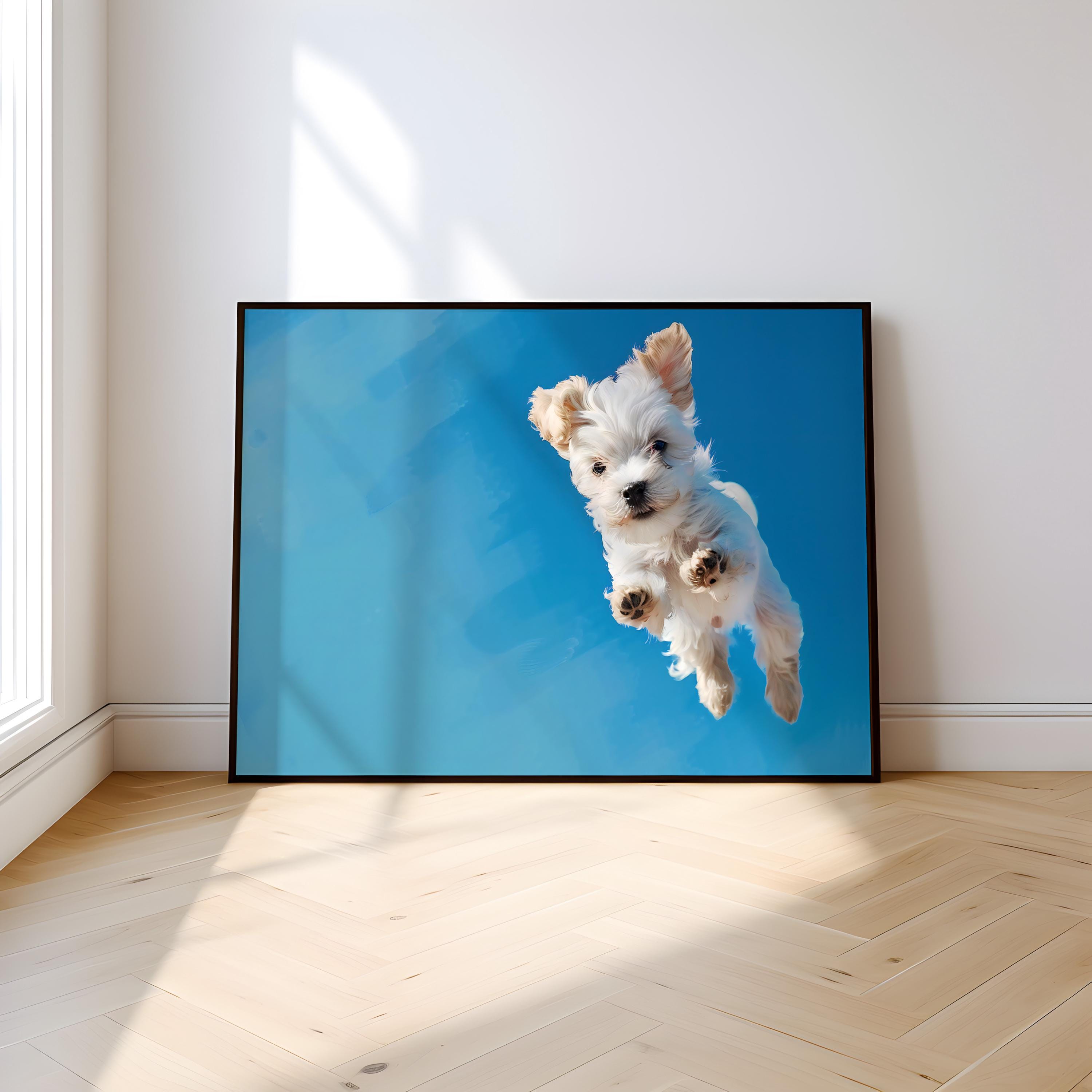 The Leap: Joyful Fluffy White Dog Art Print | Playful & Vibrant Pet Portrait Decor