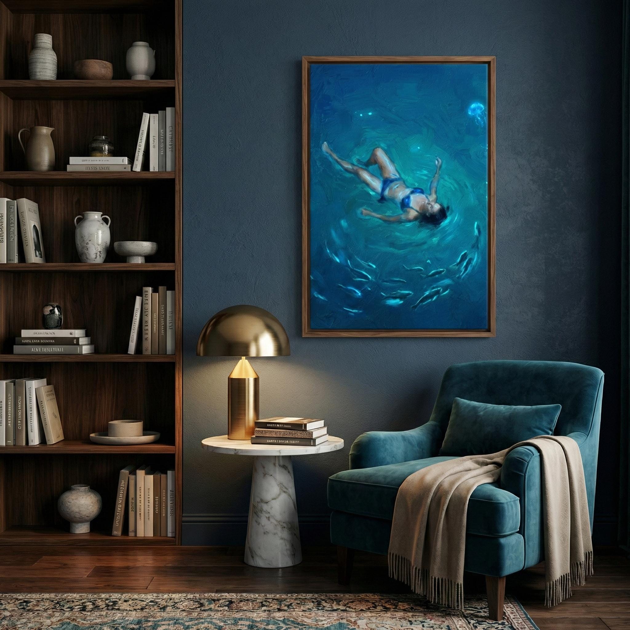 Night Swim Wall Art: Glowing Jellyfish - Moody Ocean Scene
