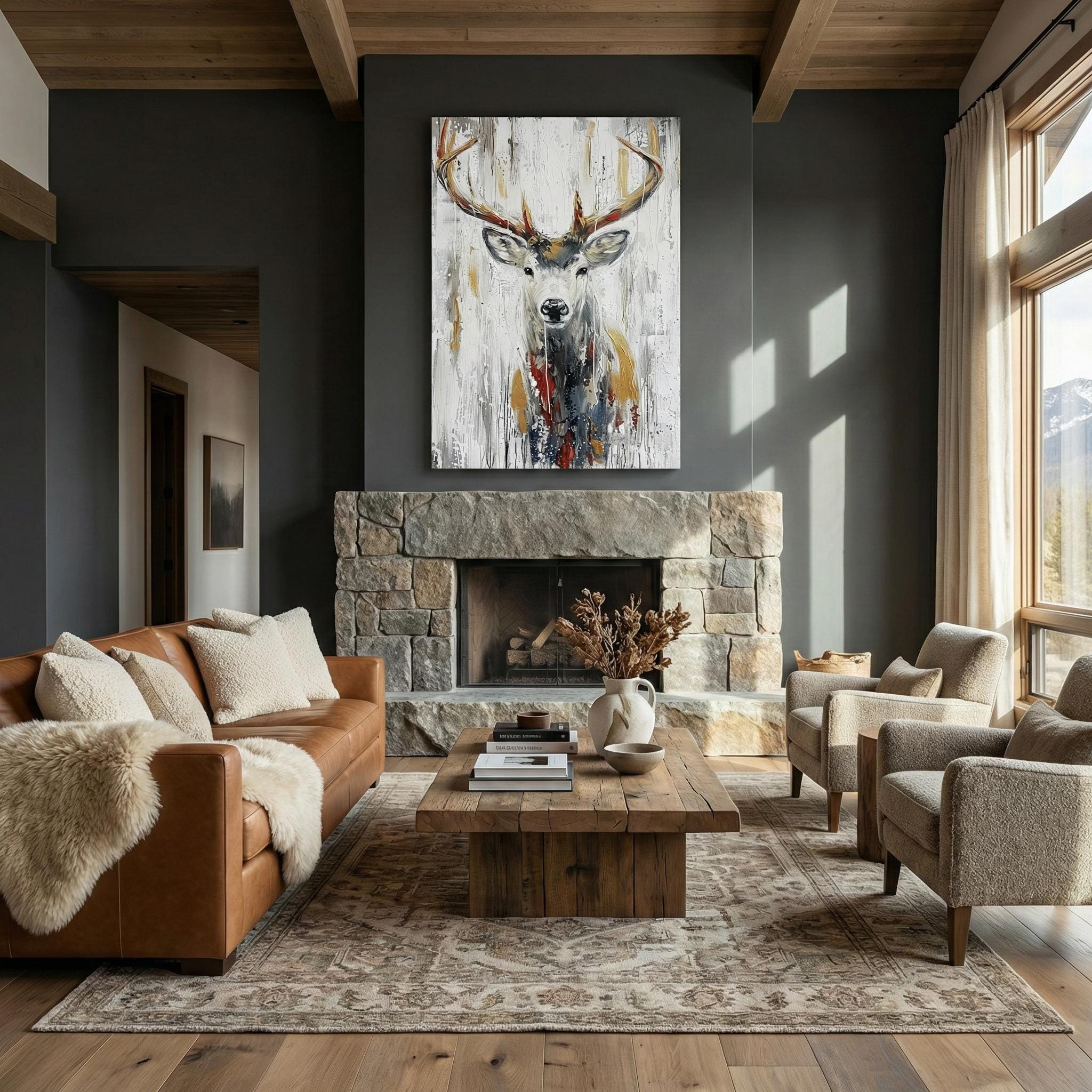 Serene Deer Canvas, Abstract Forest Art (Modern Wall Decor)