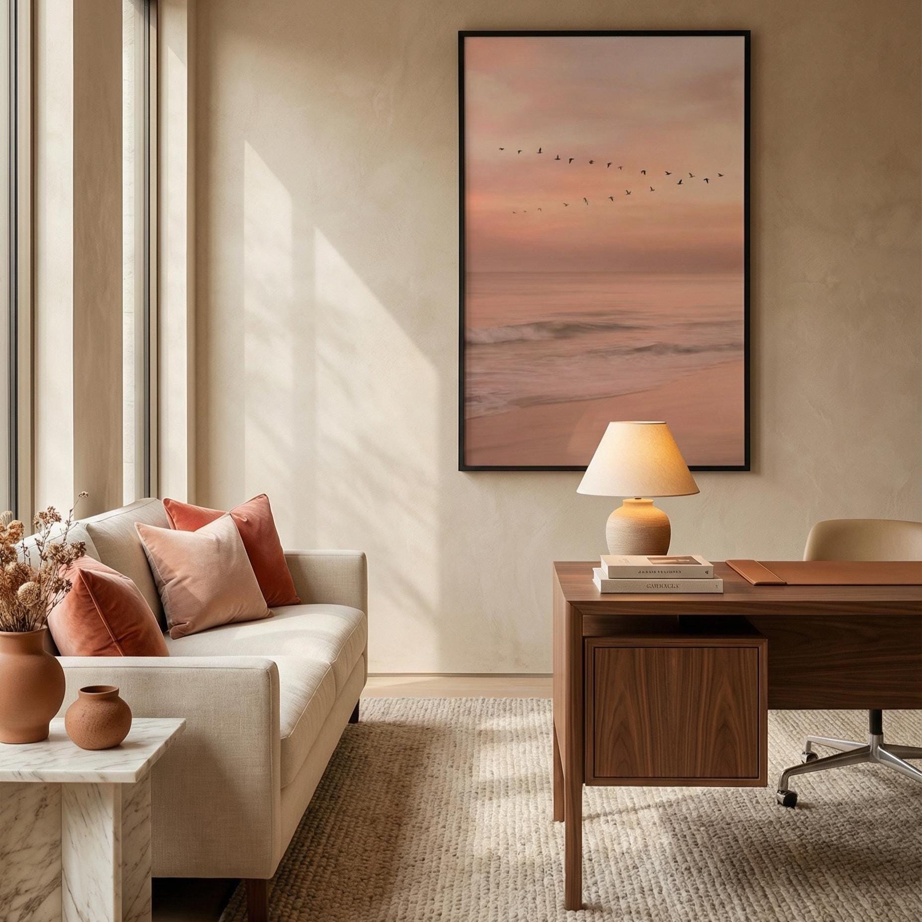 Twilight Beach Art Print, Orange Sunset (Framed or Rolled Canvas)