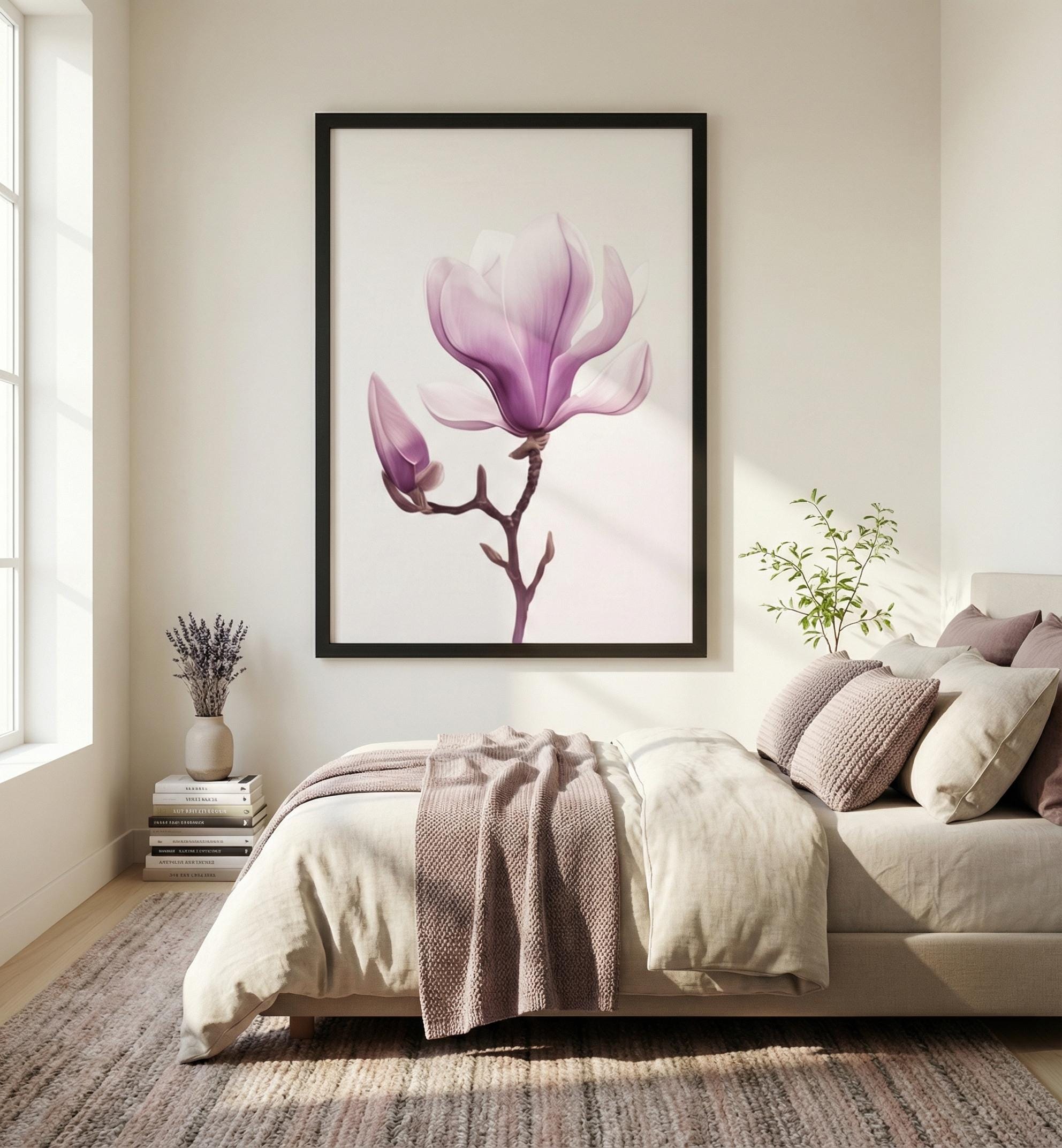 Purple Magnolia Wall Art - Modern Minimalist Flower Decor