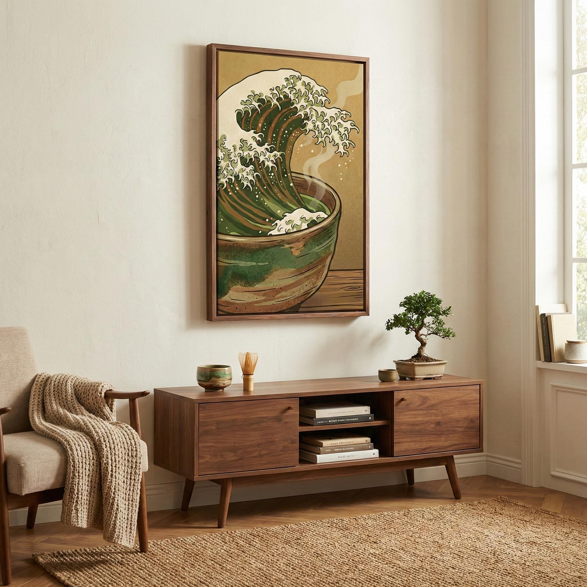 Great Wave Tea Cup Art - Surreal Matcha Print in Sea Foam Green