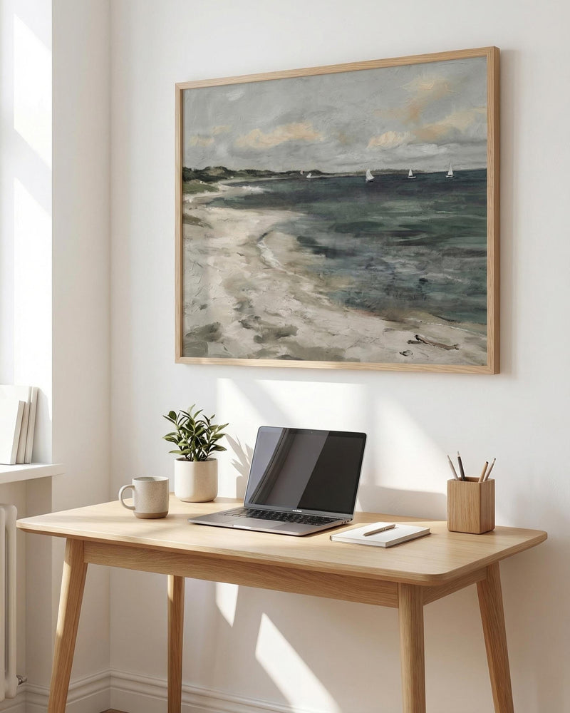 Vintage Coastal Landscape Painting Moody Beach Art Sailboat Print Framed Canvas Coastal Decor