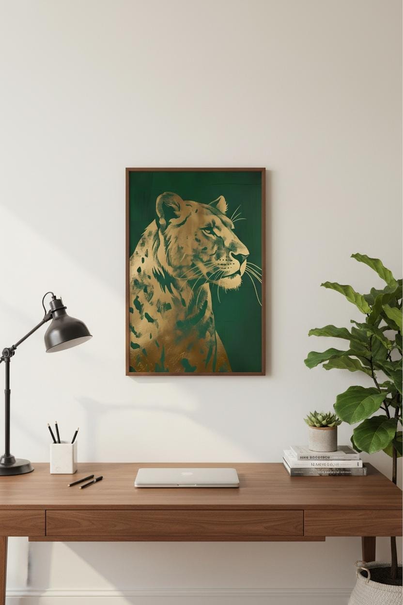Art Deco Lion Print - Gold Foil Wildlife Wall Art | Regal Green Decor