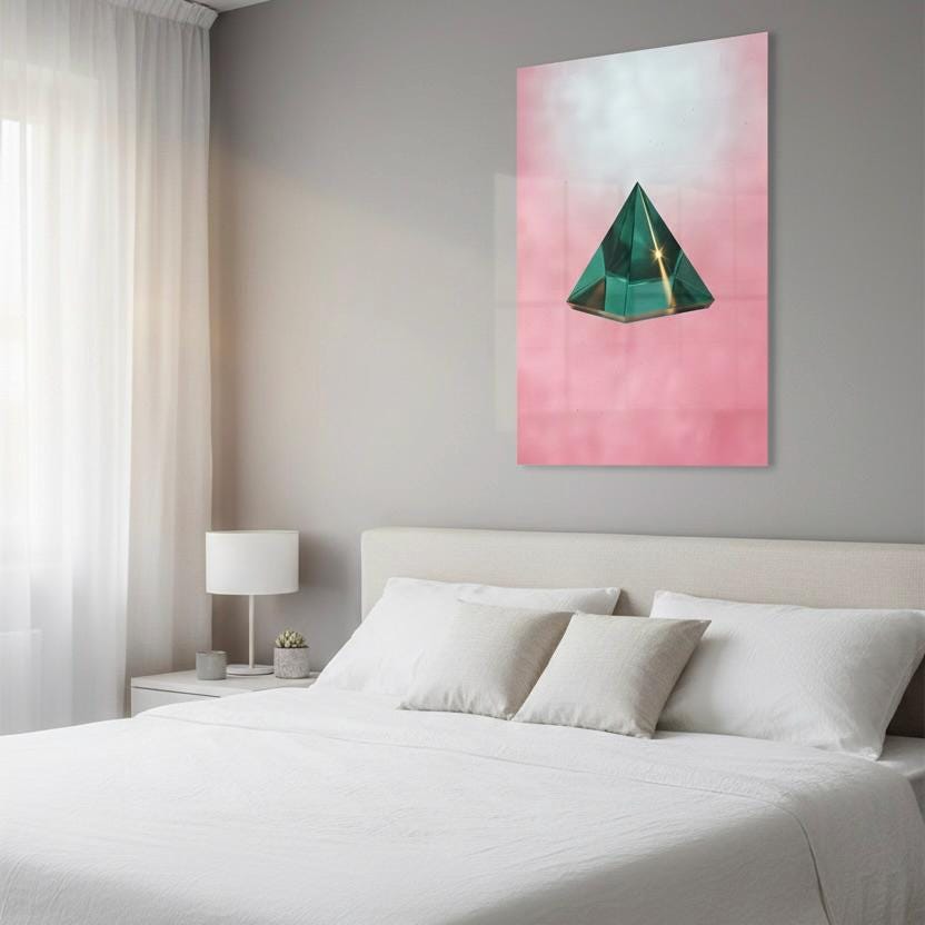 a serene bedroom scene with a bed, a nightstand, and a large abstract painting on the wall.