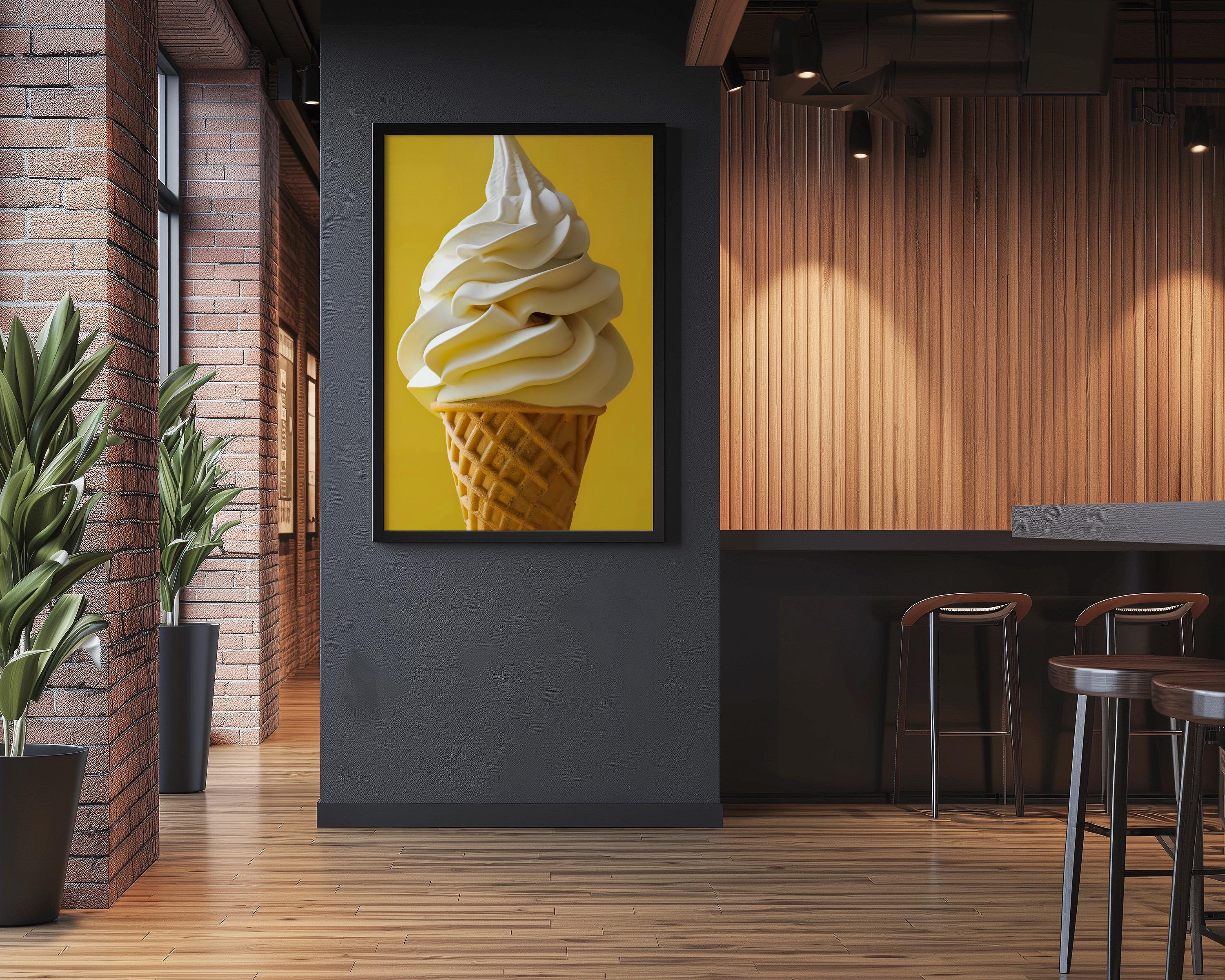 Summer Bliss: Minimalist Soft-Serve Ice Cream Cone Art | Vibrant Yellow Pop Art Print