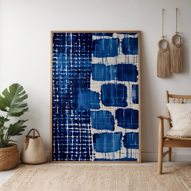 Indigo Shibori Canvas – Modern Abstract Wall Art | Blue White Decor, Organic Flow Design