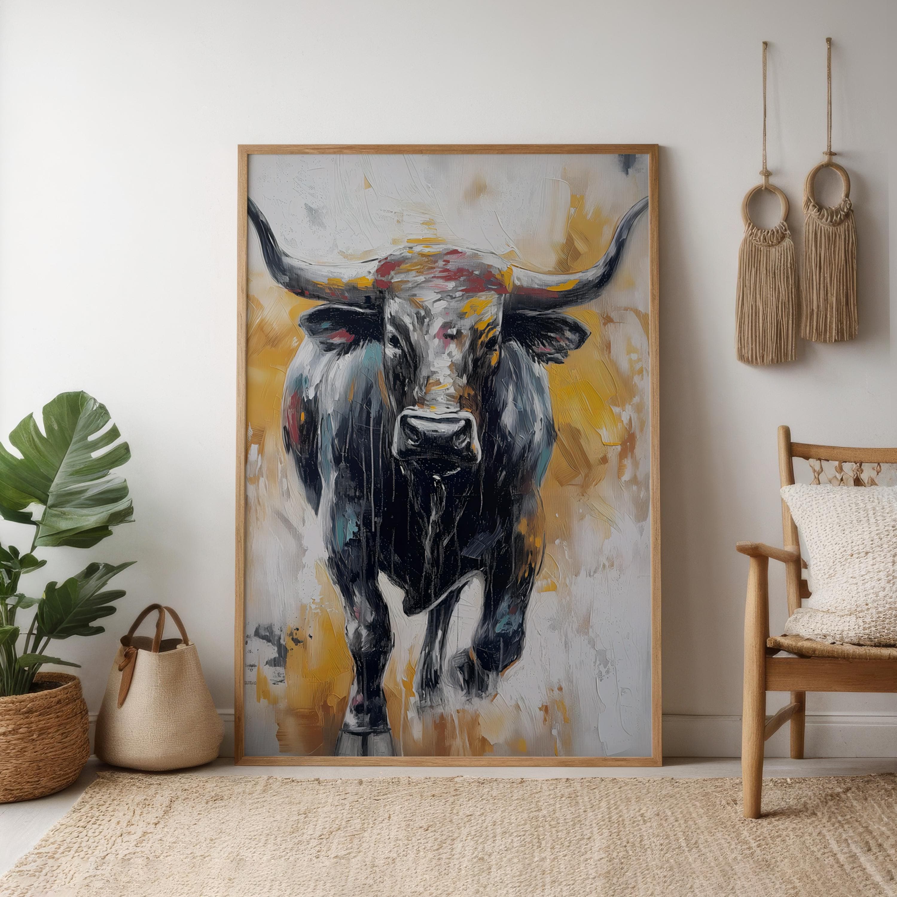 Bull Painting on Canvas: Abstract Animal Art (Farmhouse Style)