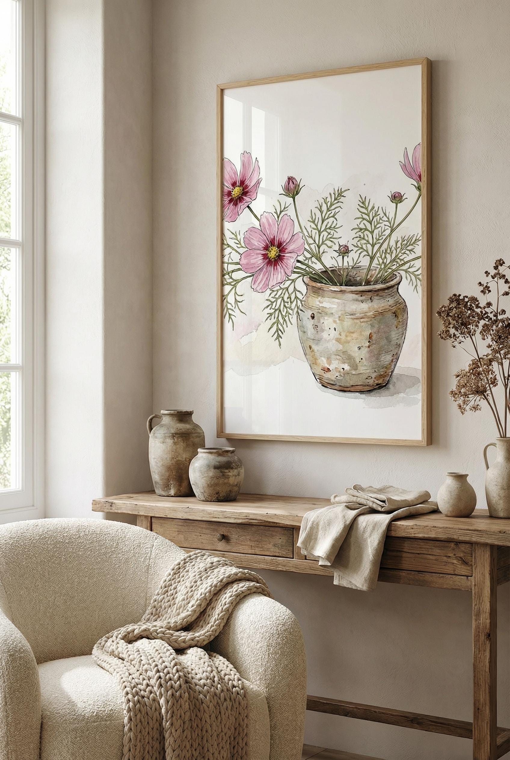 Flower Pot Wall Art: Pink Watercolor Print (Framed or Canvas)