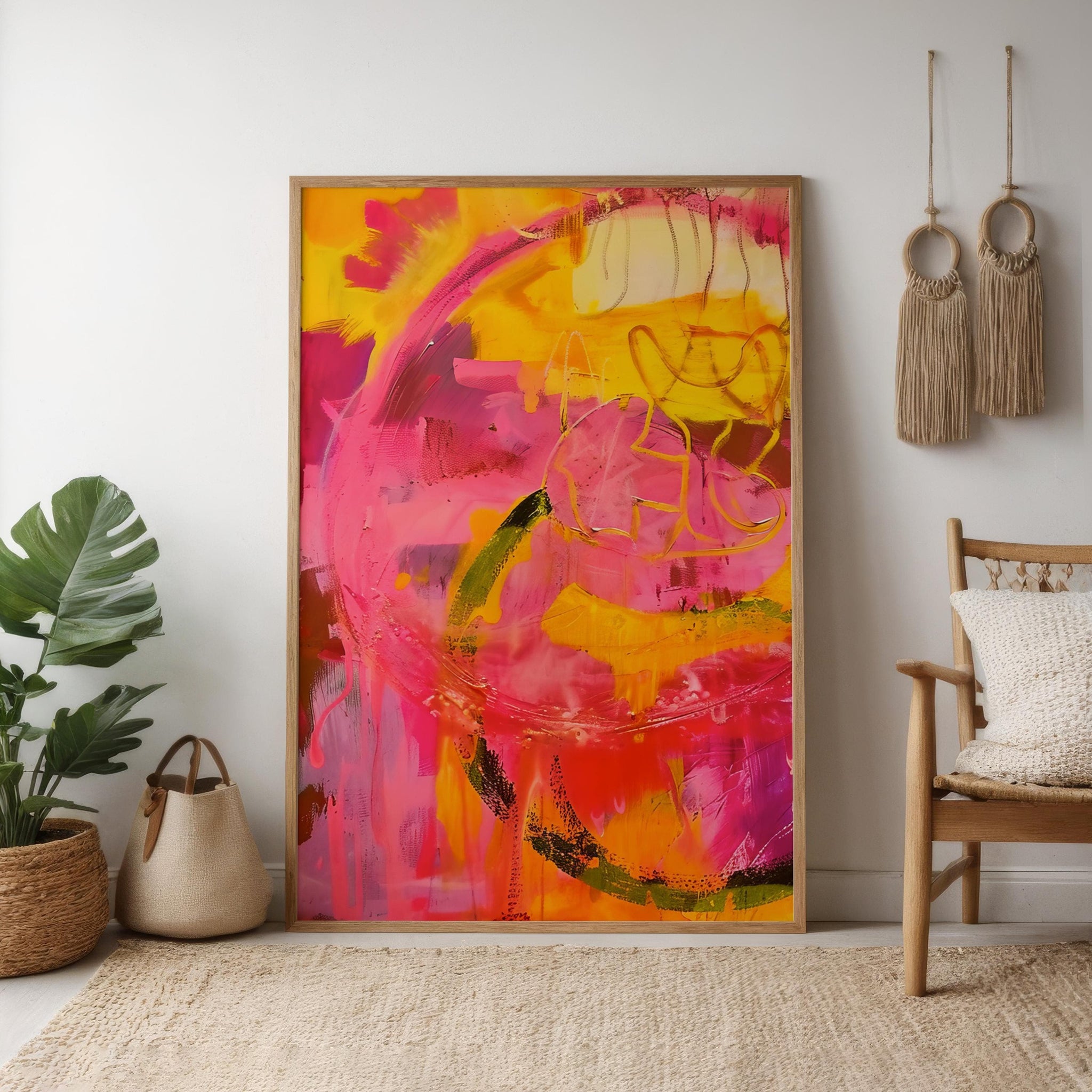 Modern Abstract Painting, Pink and Yellow Bold Brushstrokes (Canvas Print)