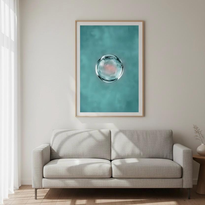a gray sofa in a living room with a framed picture of a water bubble hanging on the wall above it.