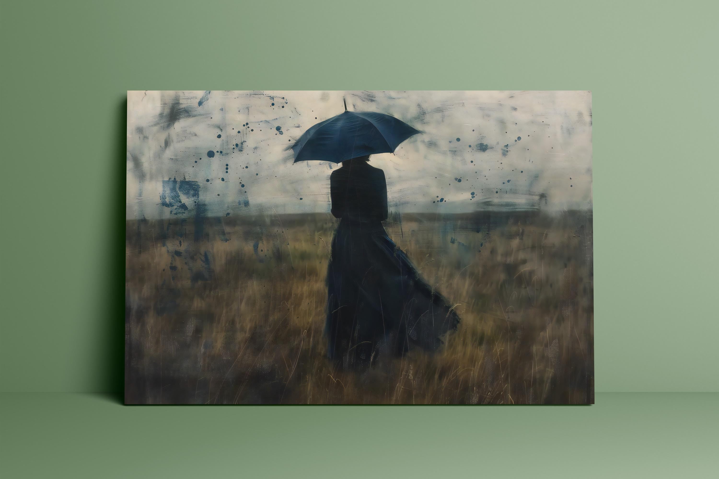 Melancholy Rain: Atmospheric Woman with Umbrella Canvas Art | Contemplative & Moody Wall Decor
