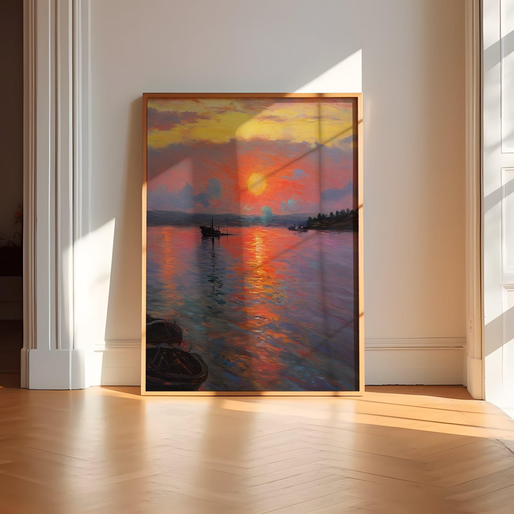 Impressionist Sunset Canvas, Minimalist Lake View (Multiple Sizes)