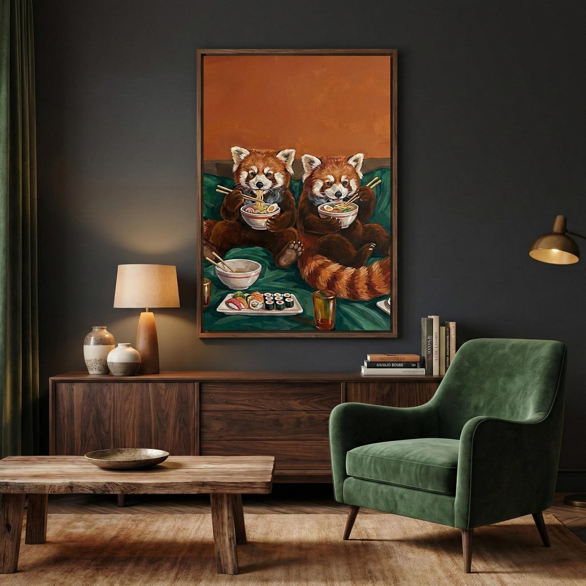 Funny Red Panda Wall Art: Cute Sushi Date - Cozy Kitchen Decor