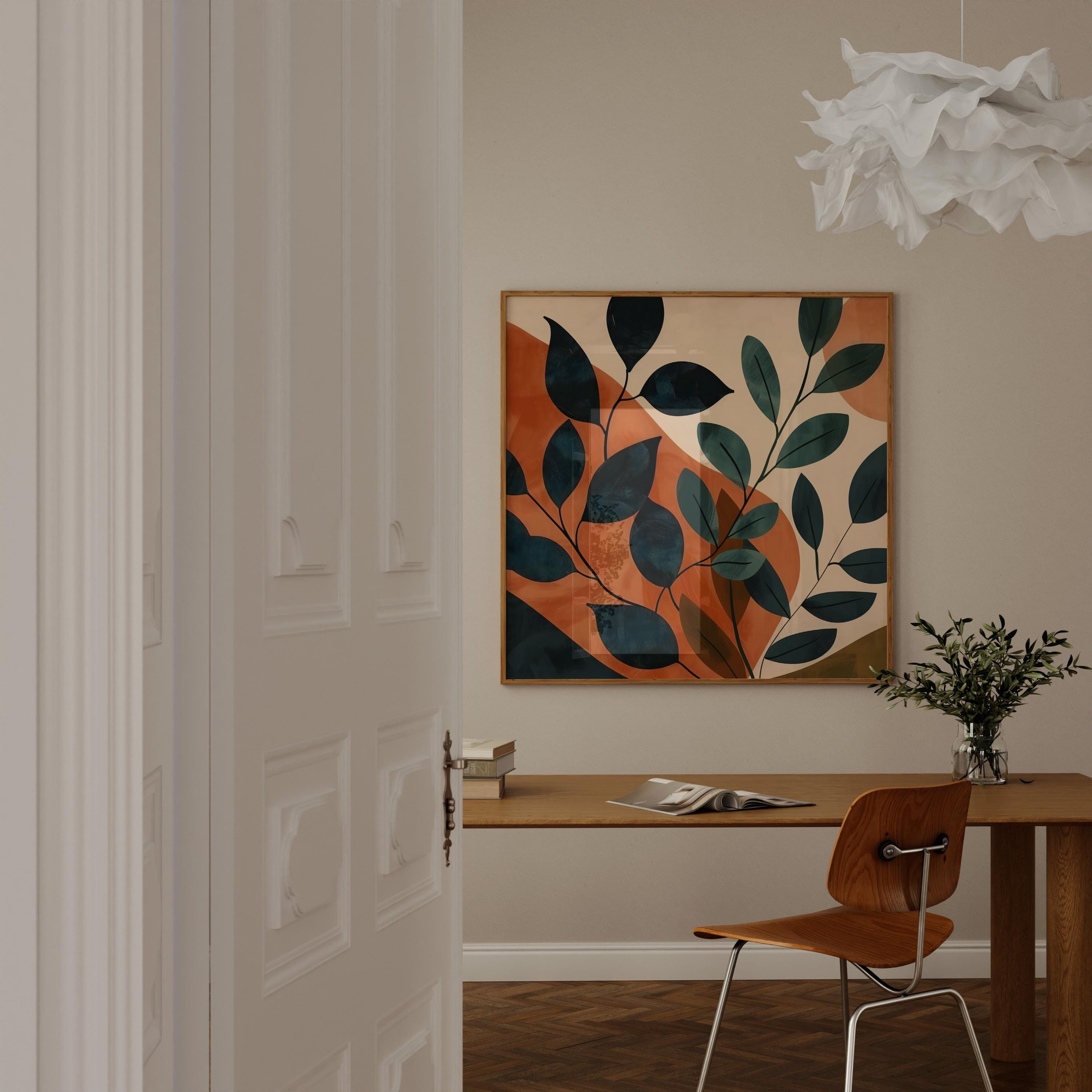 Sunset Leaves: Modern Botanical Abstract Art | Warm Orange & Green Wall Decor