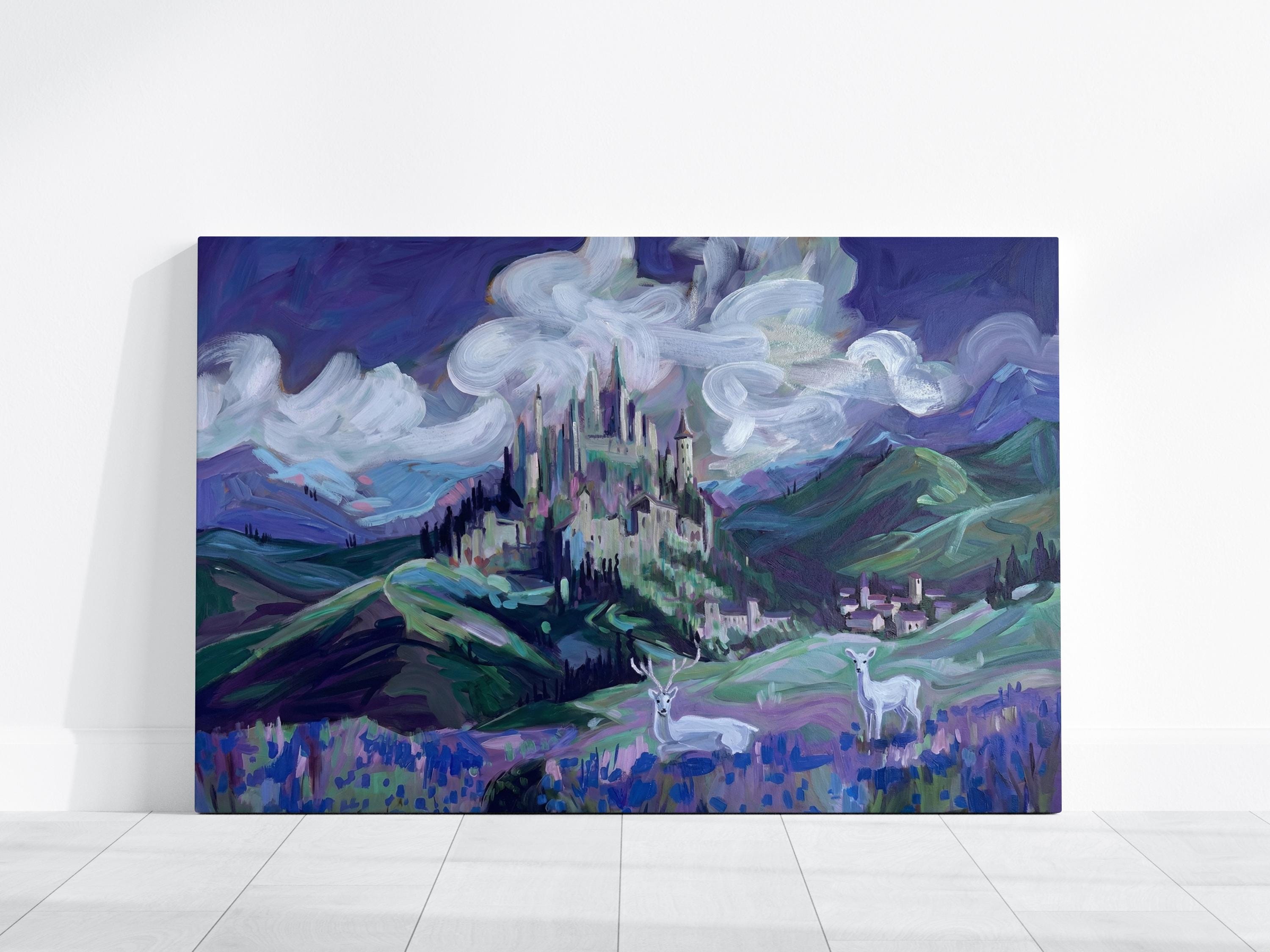 Fantasy Lighthouse Canvas, Purple Ocean, White Deer (Ready to Hang)