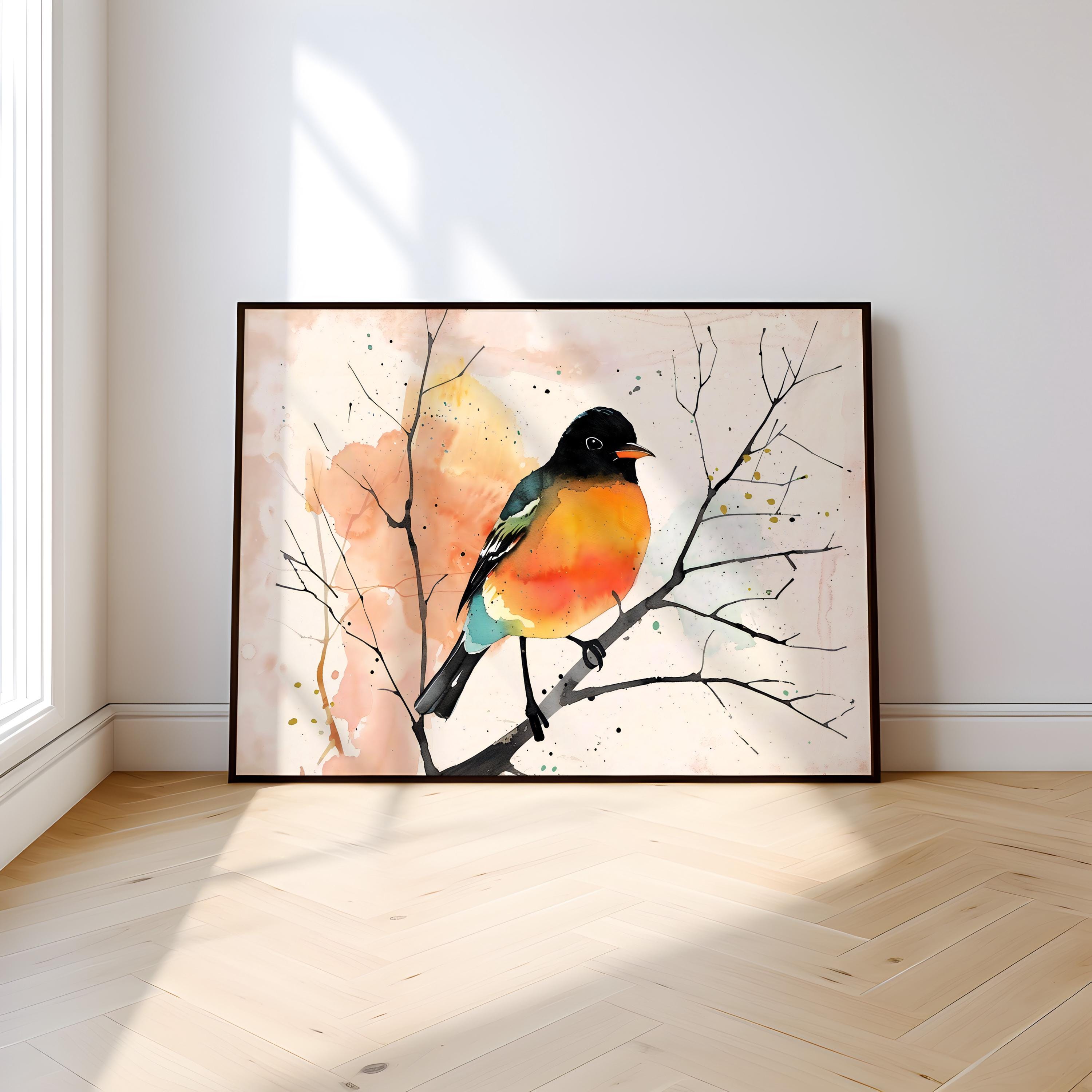 The Soloist: Vibrant Orange & Black Bird Watercolor Art | Modern Abstract Wall Decor