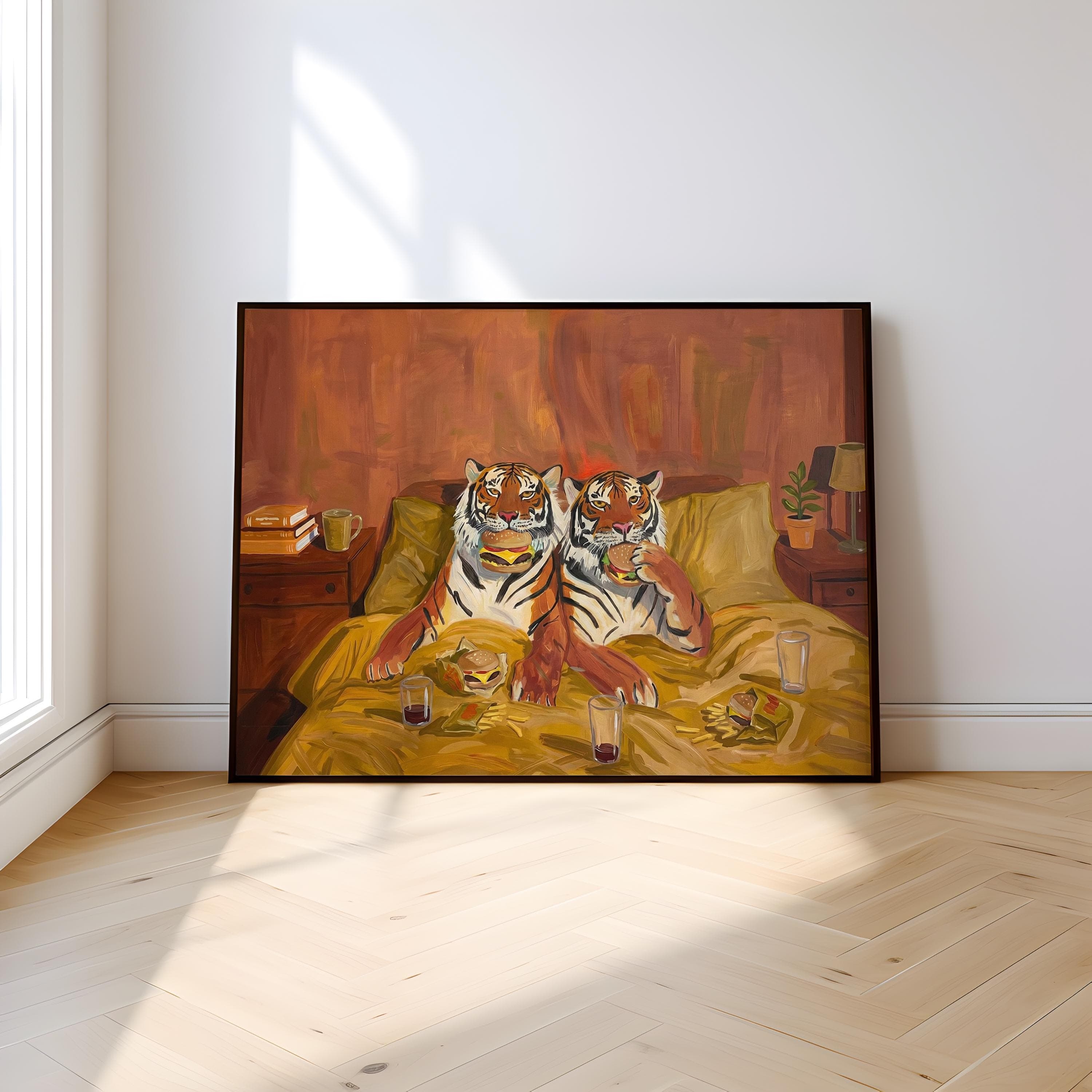 Quirky Tiger Canvas, Burgers and Fries, Warm Tones (Bedroom or Dorm)