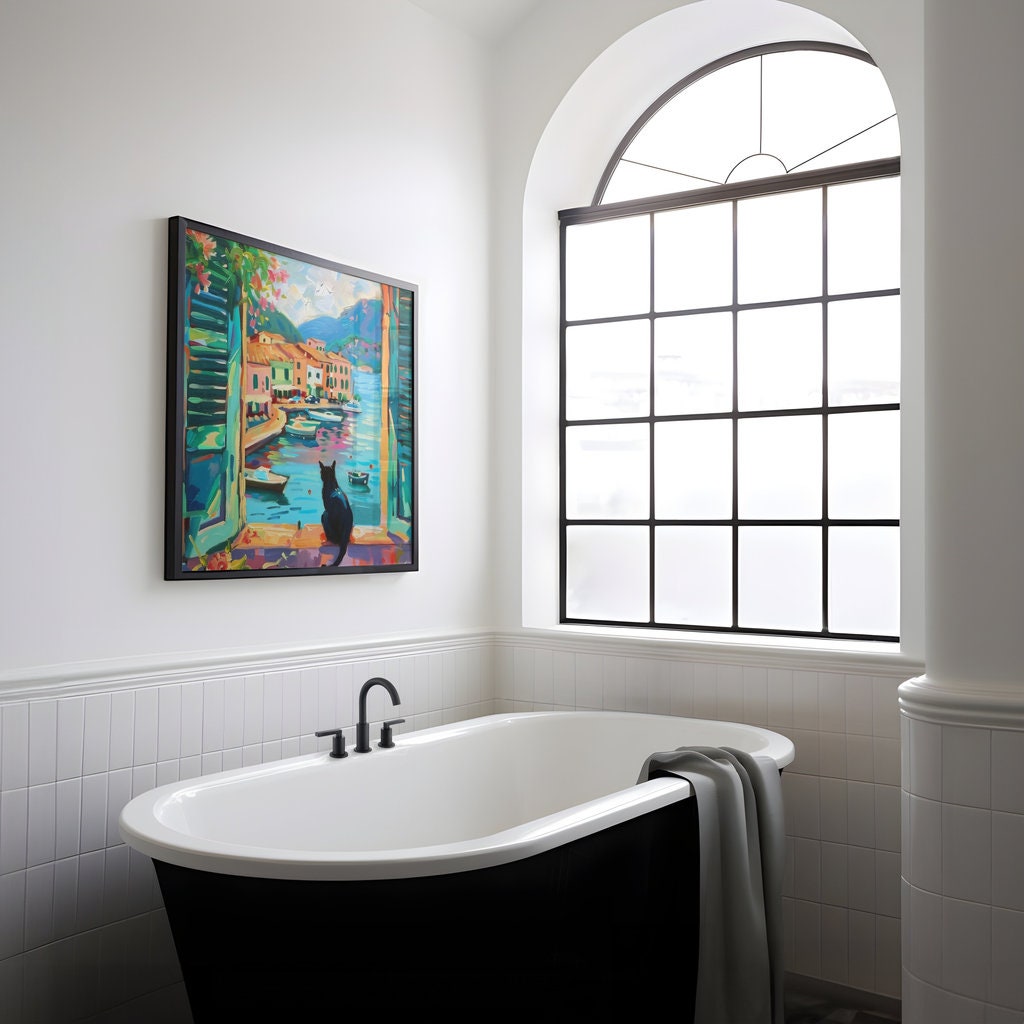Coastal Town Wall Art: Black Cat, Vibrant Colors, Framed Canvas