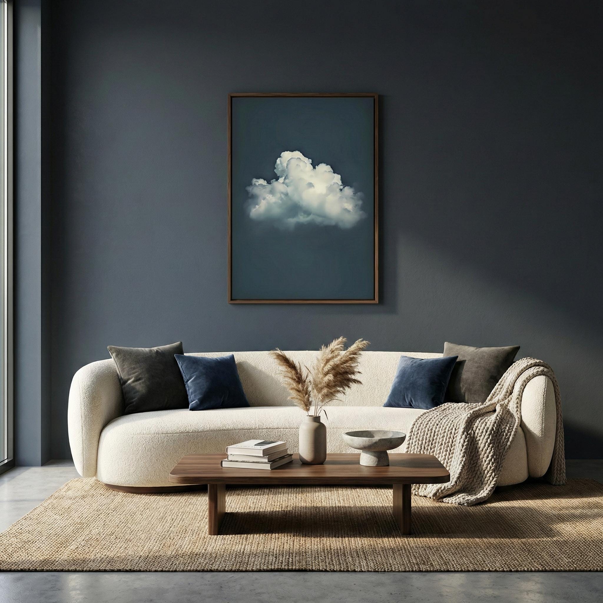 Moody Blue Sky Wall Art - Minimalist Solitary Cloud Print
