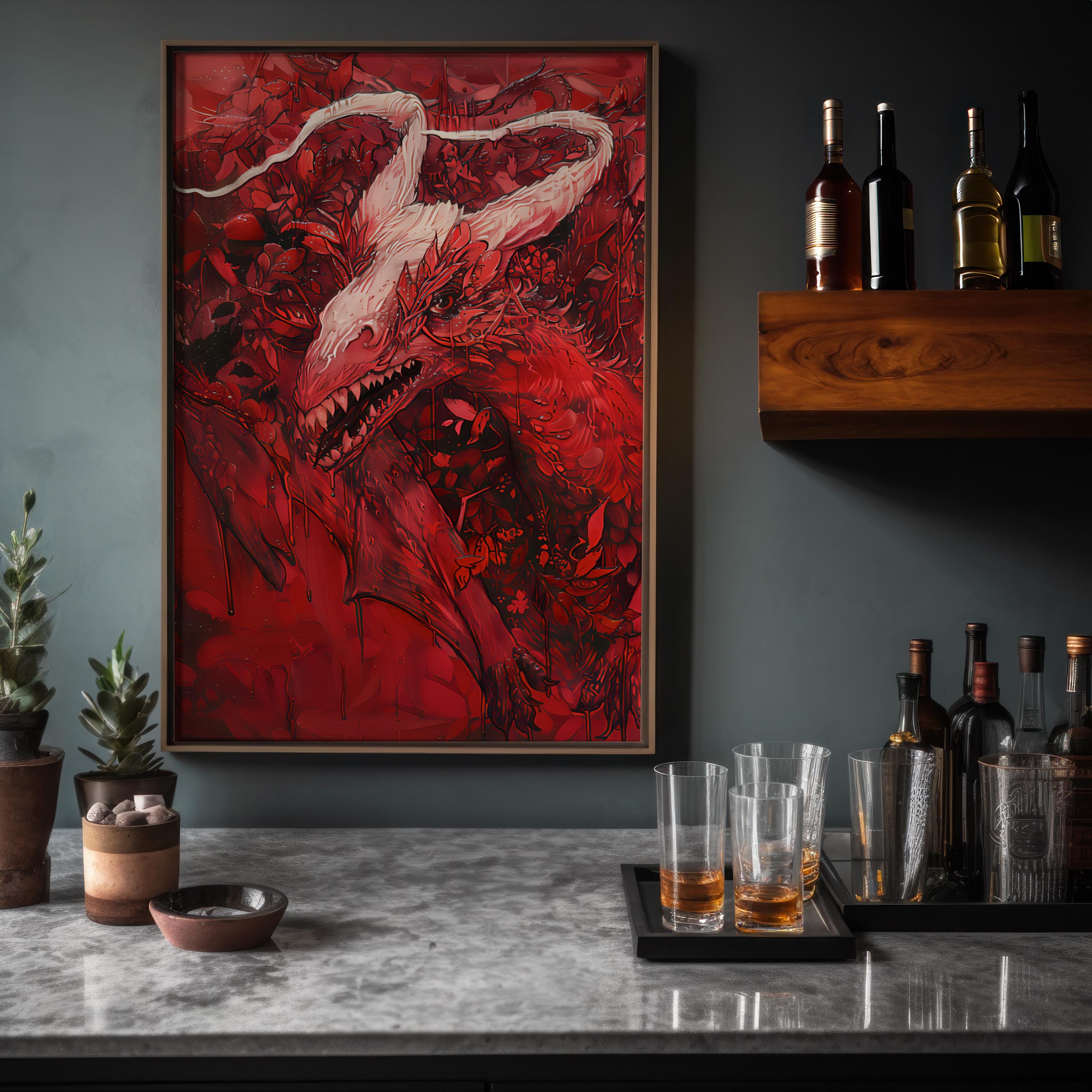 The Crimson Chimera: Red Mystical Creature Art | Dark Fantasy & Mythical Wall Decor