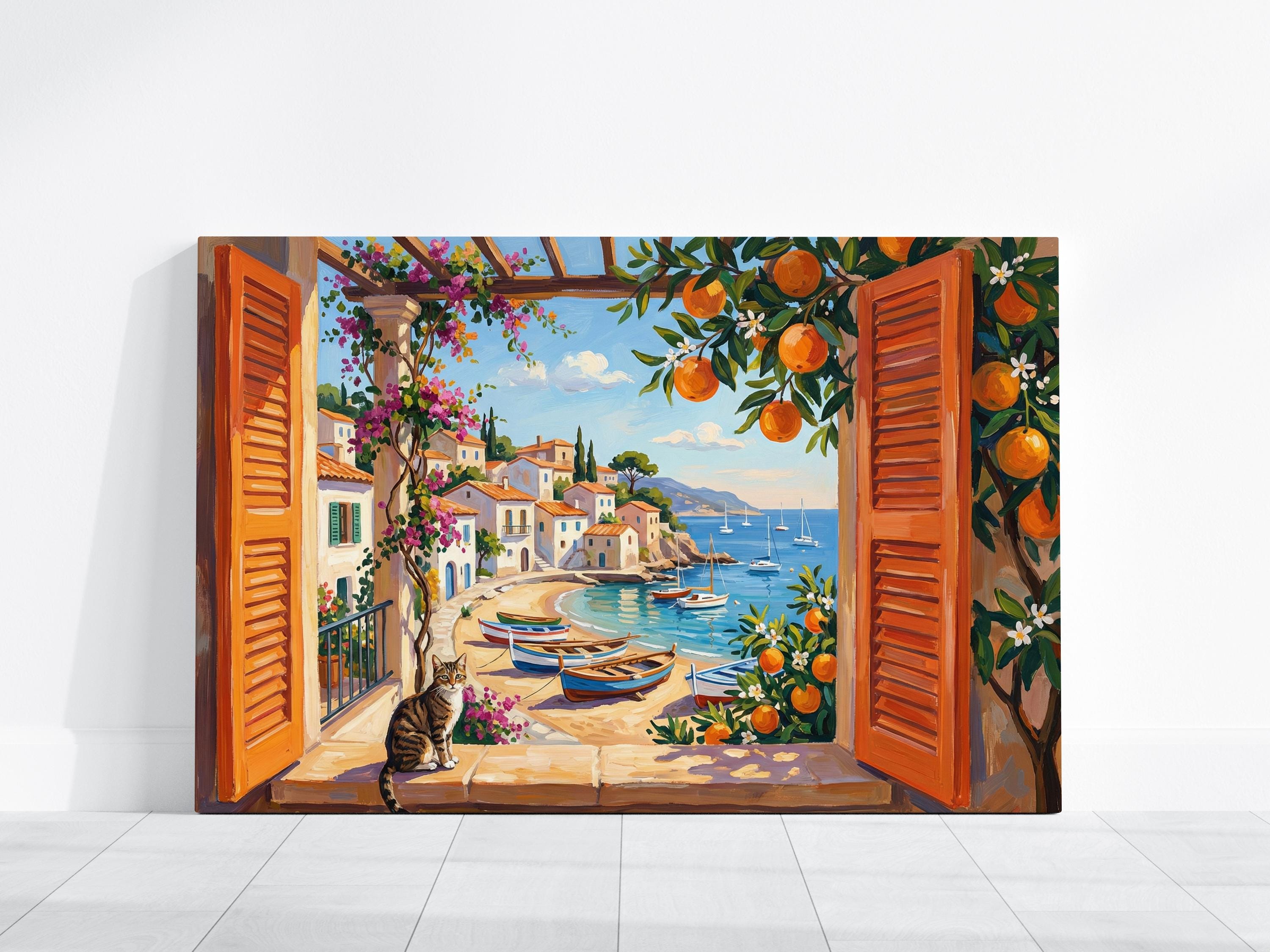 Italian Coastal Wall Art: Mediterranean View with Cat - Vibrant Colors