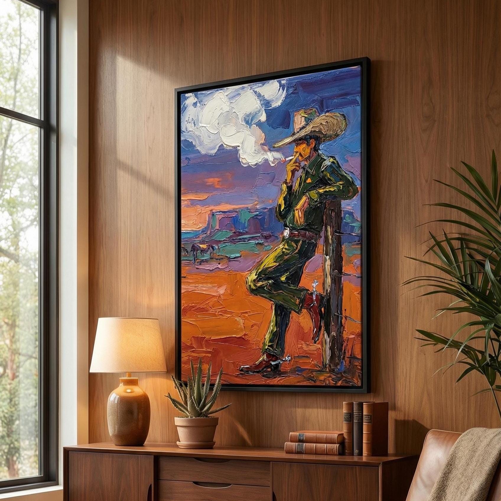 Cowboy Smoking Wall Art Print, Abstract Style (Canvas or Matte Paper)