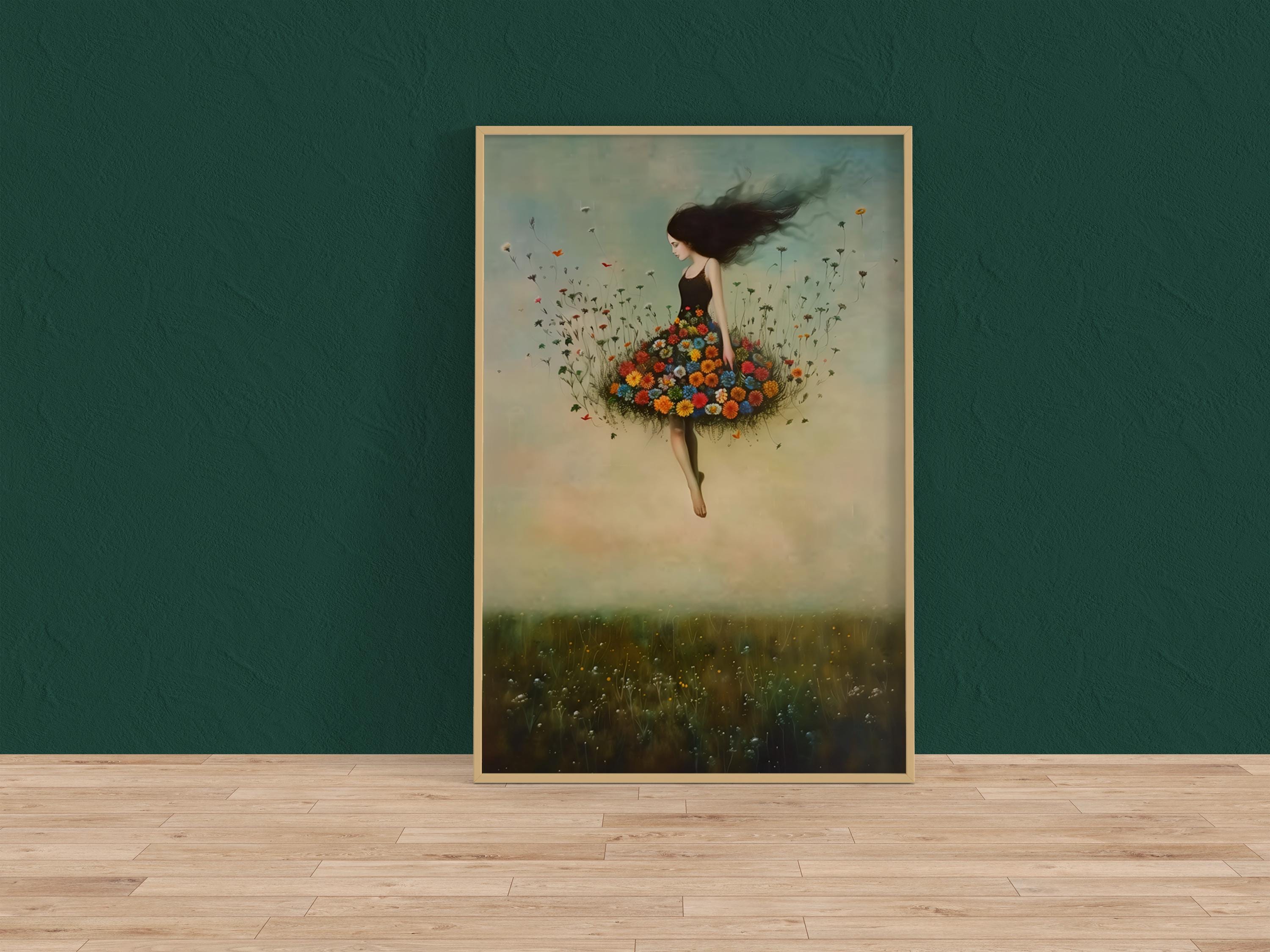 The Ascension: Surreal Woman Floating in a Vortex of Flowers | Fantastical & Ethereal Wall Art
