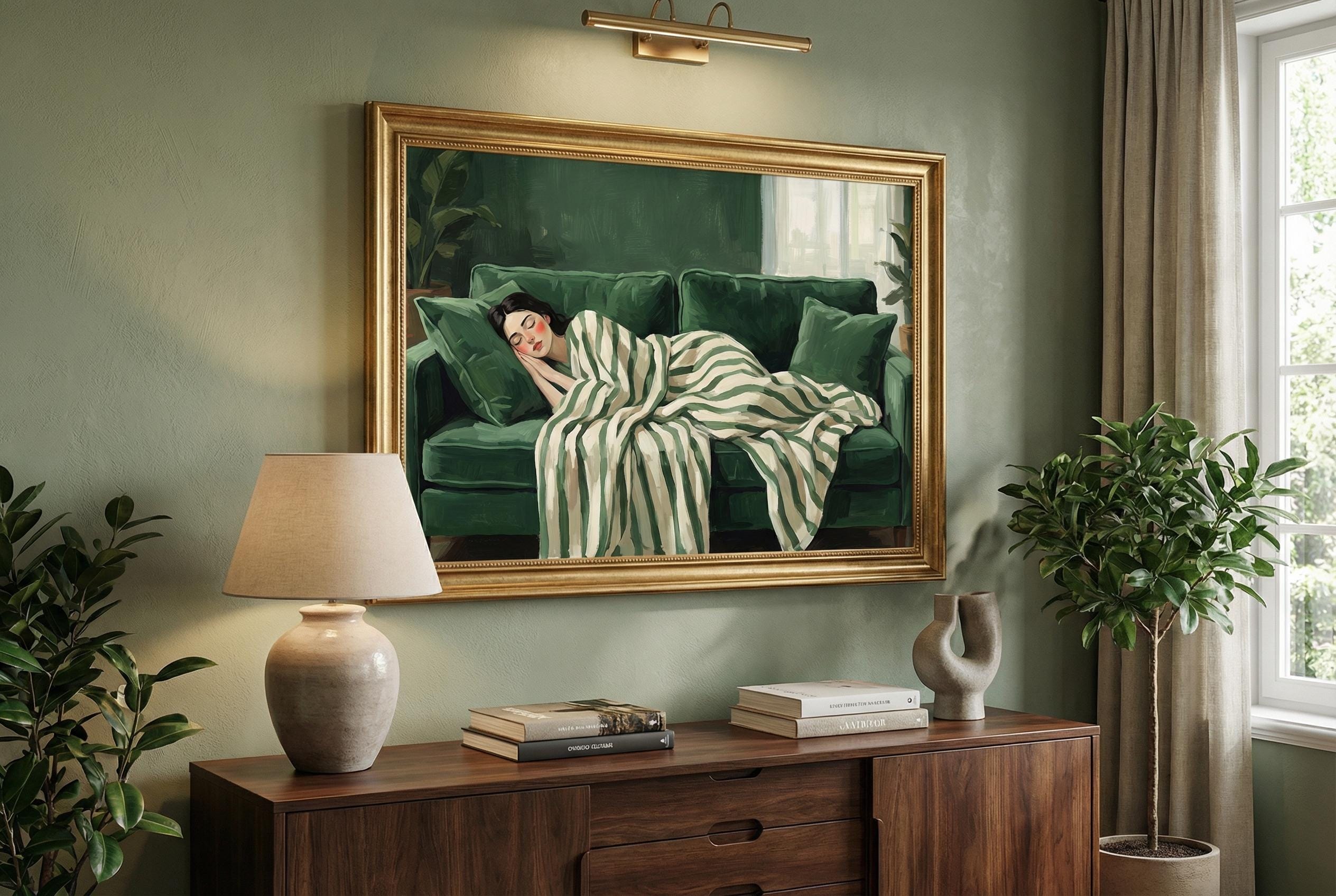 Nap Time Green Art Print: Sleeping Woman, Relaxing Stripes